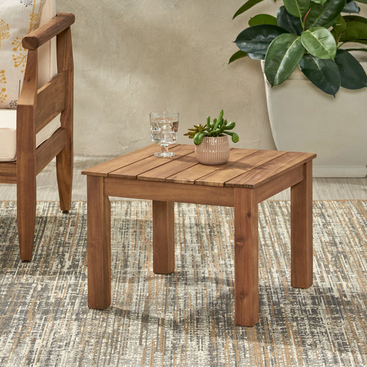 Solid wood patio side table with slatted top and square legs perfect for outdoor seating