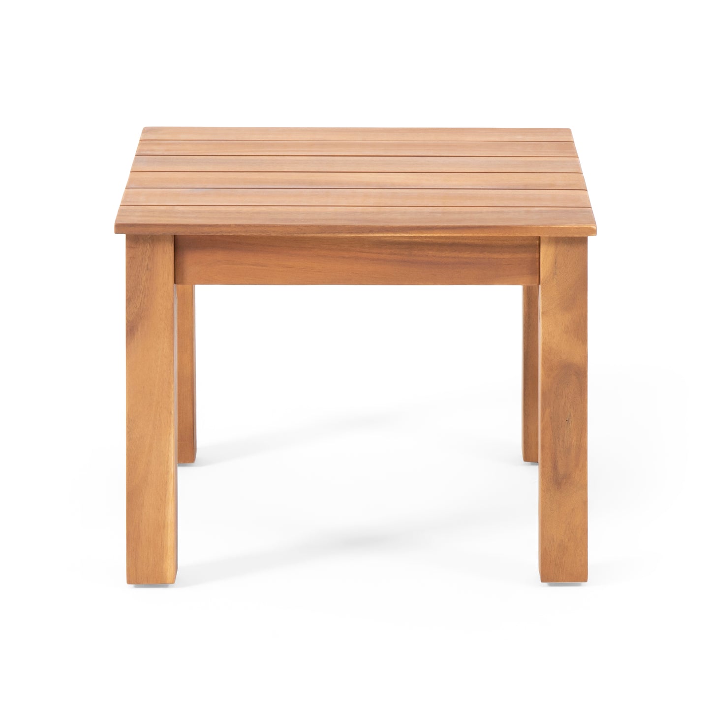 Wooden slatted side table for patio use natural acacia wood finish