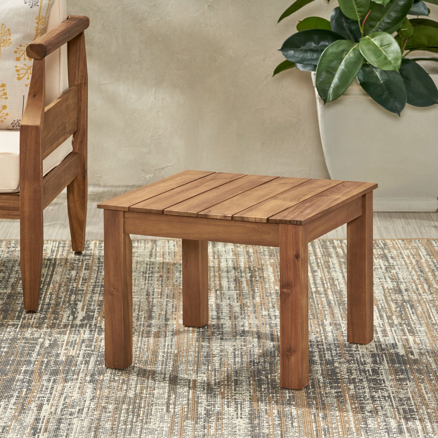 Square wooden side table with slatted top ideal for patio furniture