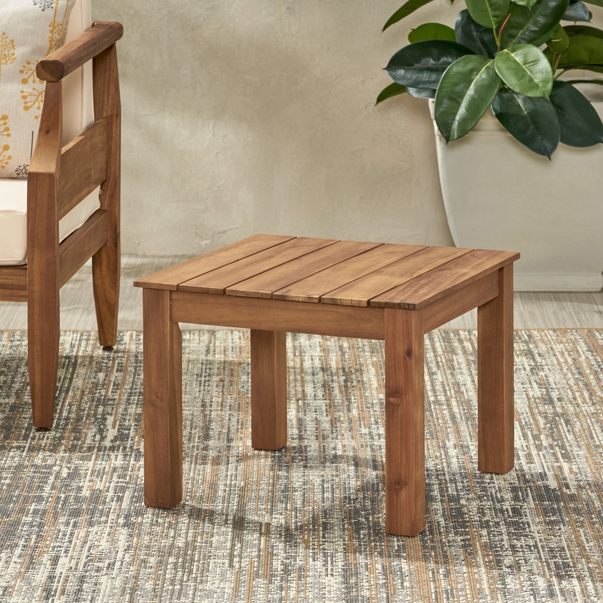 Square wooden side table with slatted top ideal for patio furniture