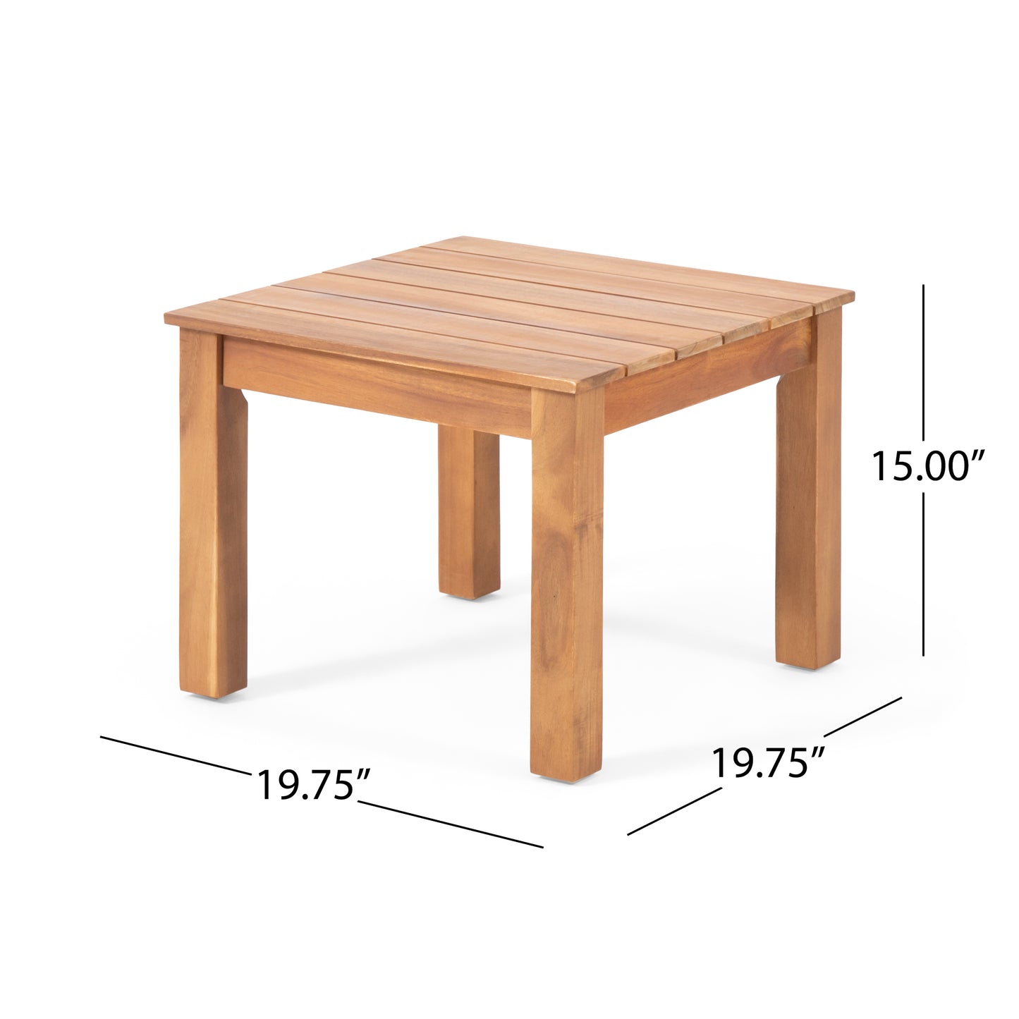 Acacia wood outdoor end table with slatted top inch width