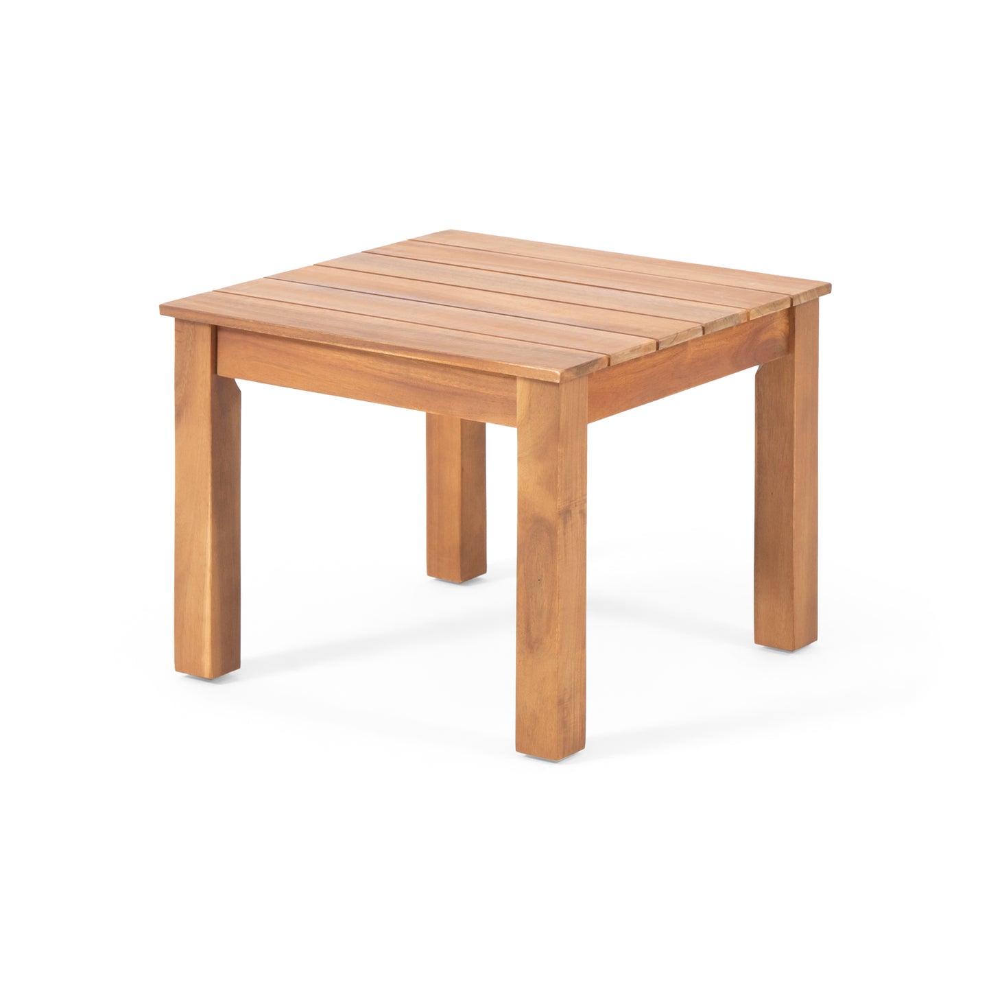 Natural wood end table with slatted top perfect for outdoor patios