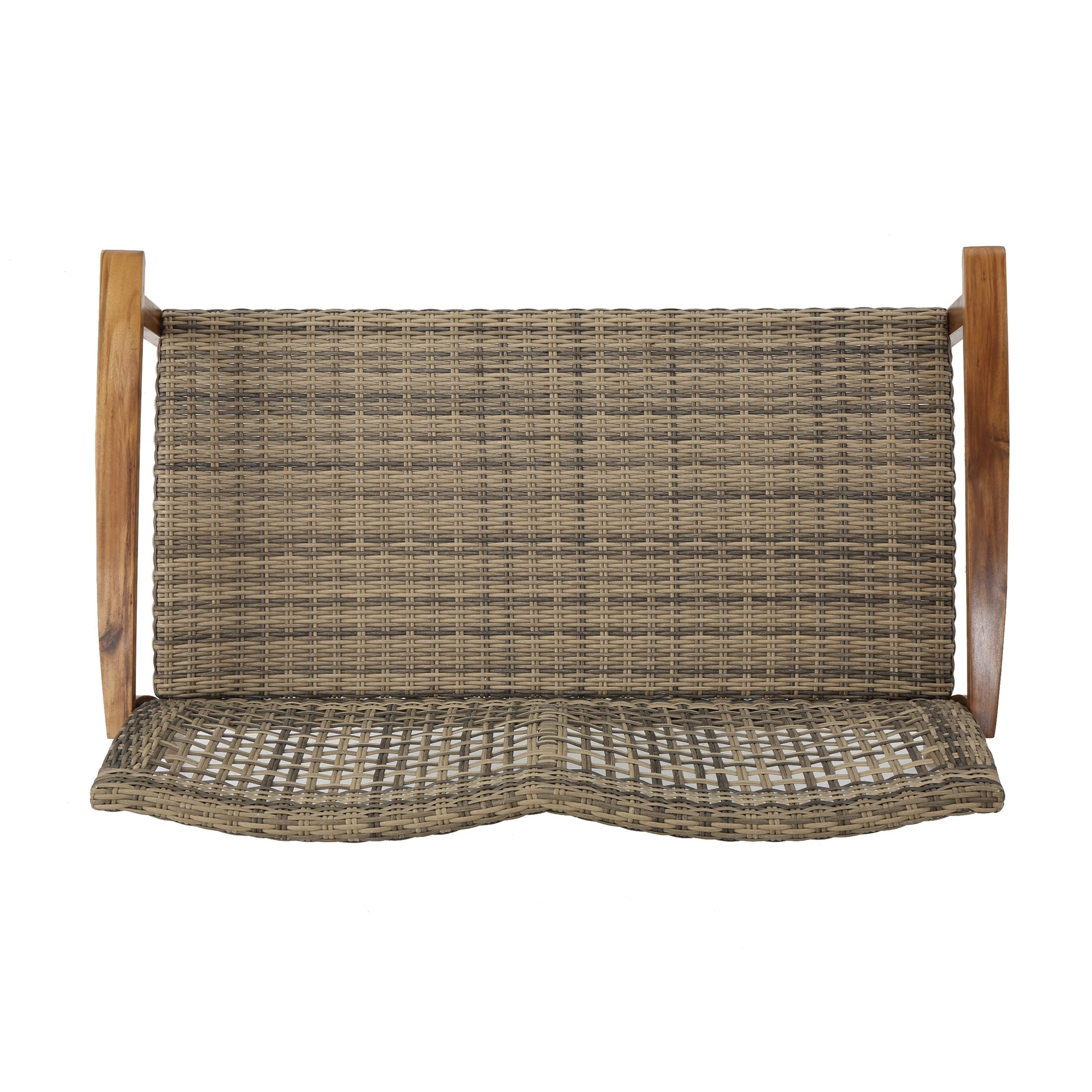 Woven rattan loveseat with natural wood frame neutral beige and brown tones