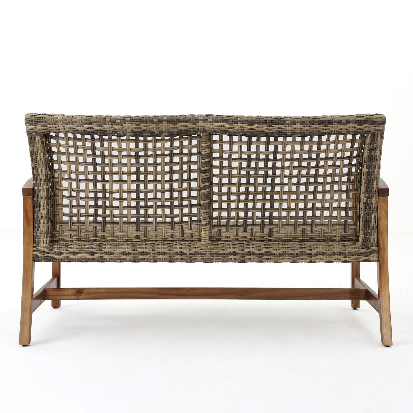 Woven wicker loveseat with wooden frame and slatted back perfect for outdoor patios