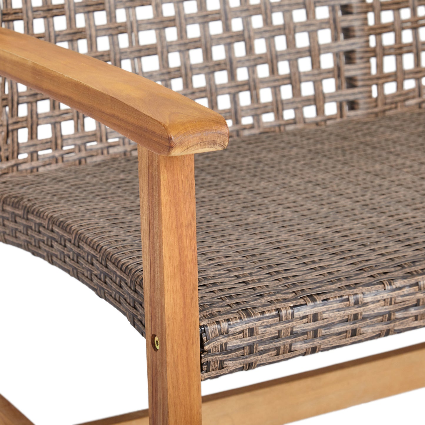 Brown wicker armchair with smooth wooden armrest and legs