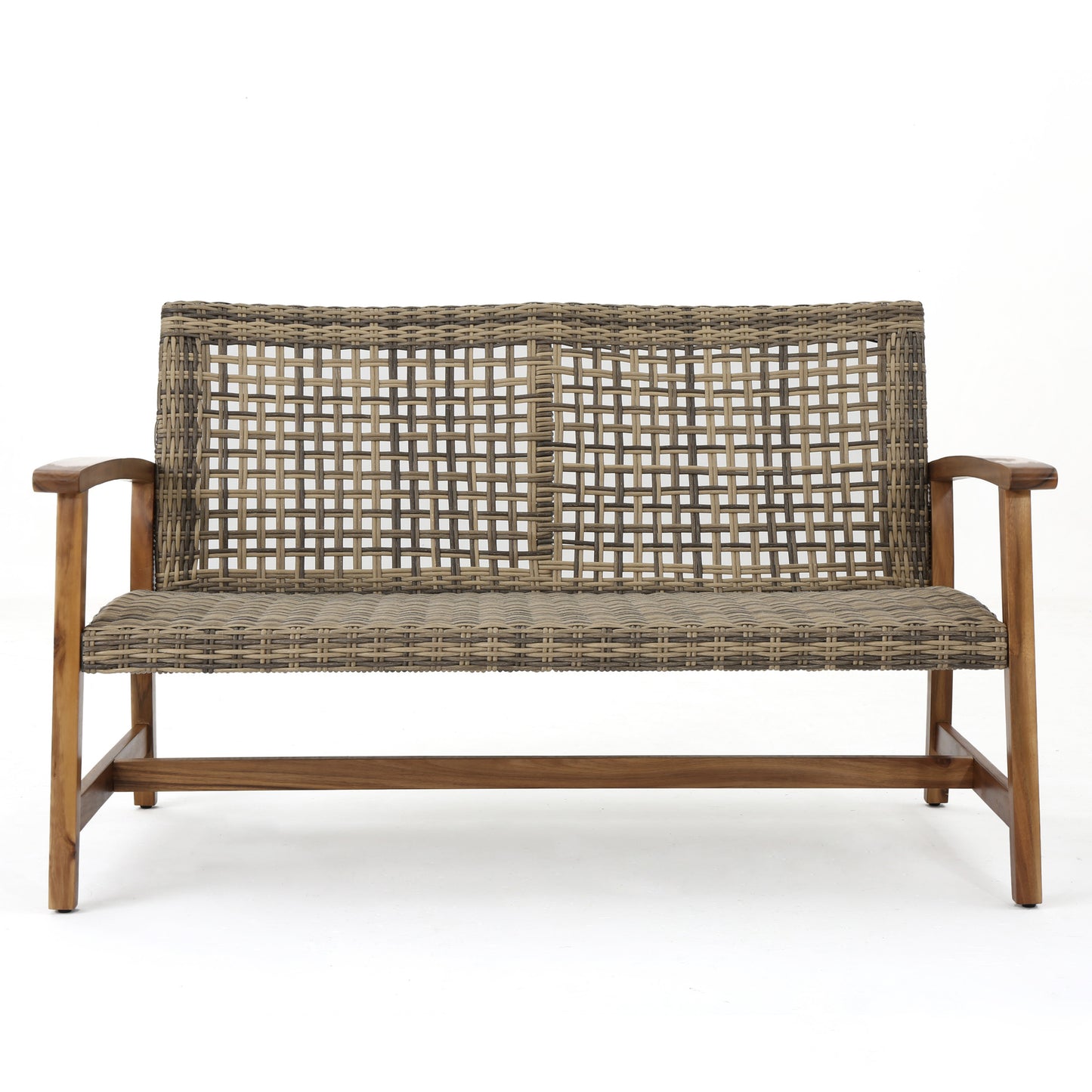 Woven rattan loveseat with wooden frame and armrests ideal for outdoor seating