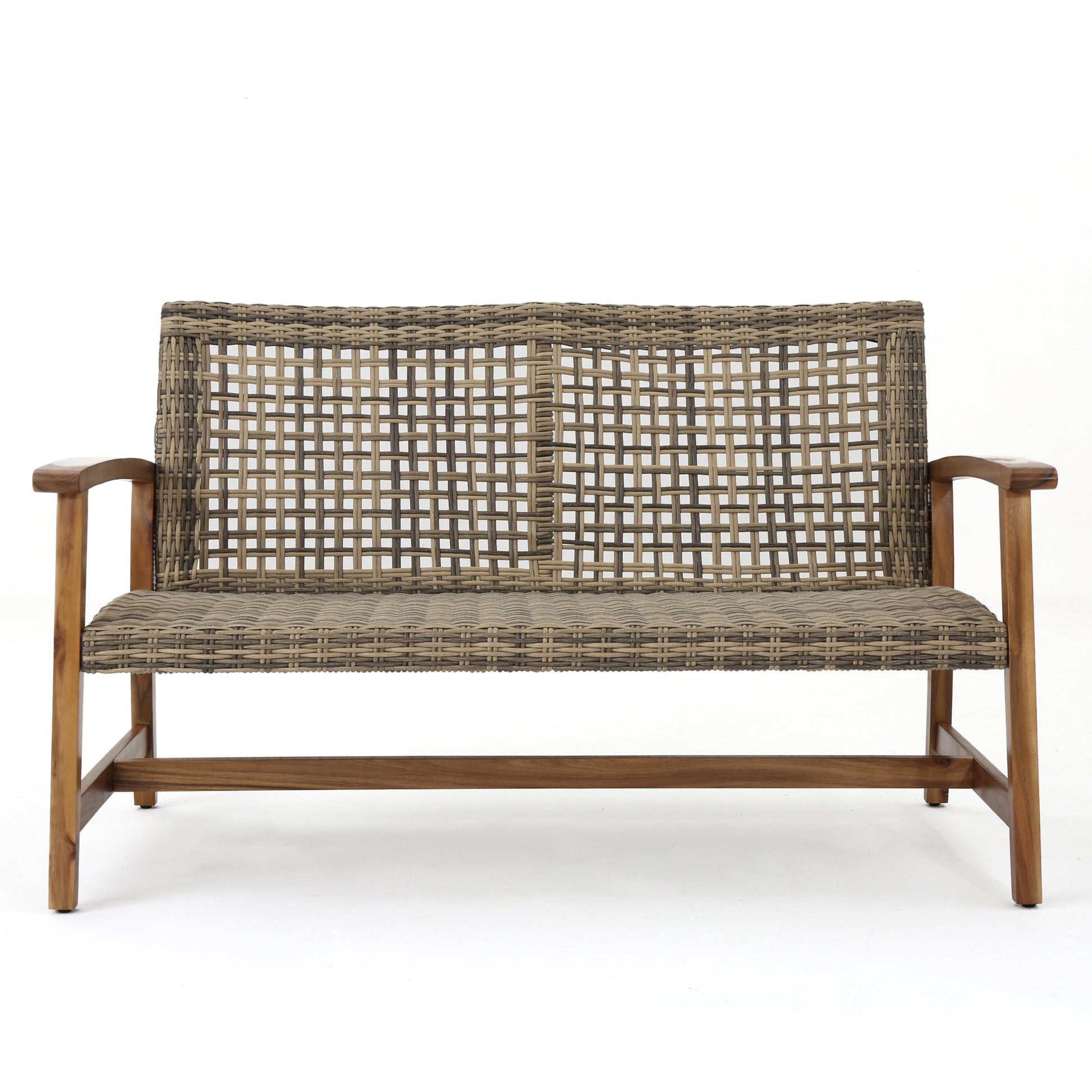 Woven rattan loveseat with wooden frame and armrests ideal for outdoor seating