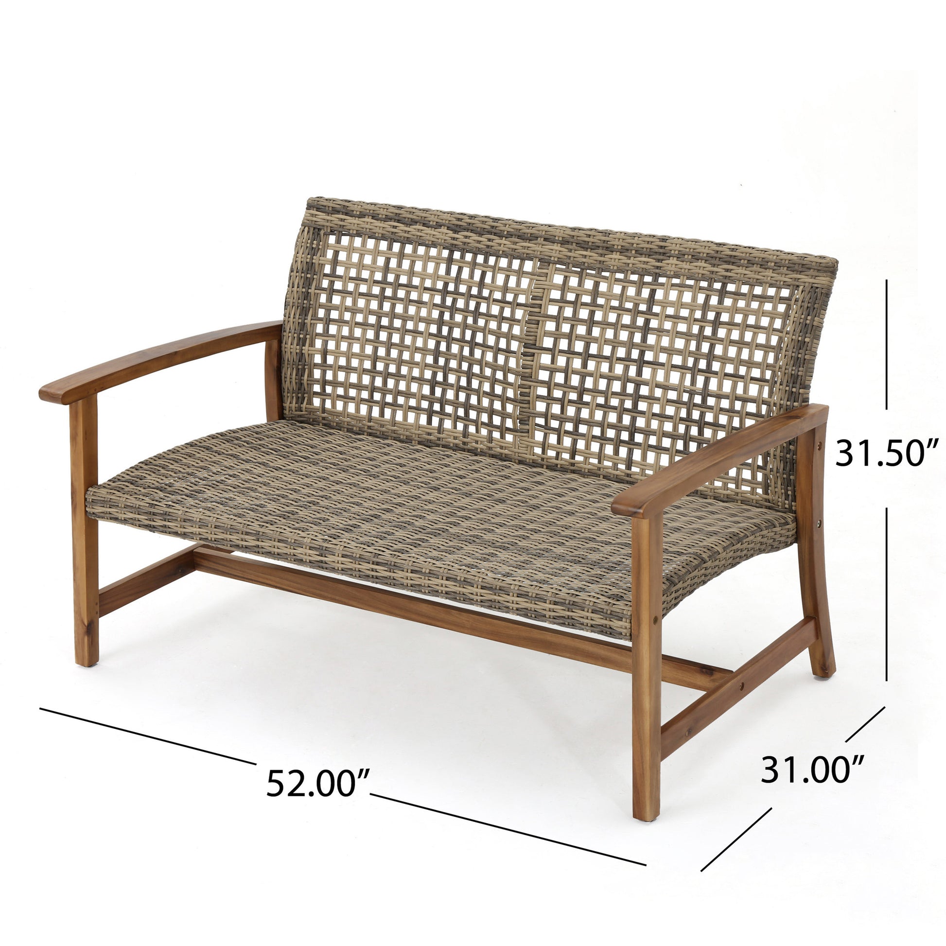 Woven rattan loveseat with wooden arms and frame natural wood tones  L