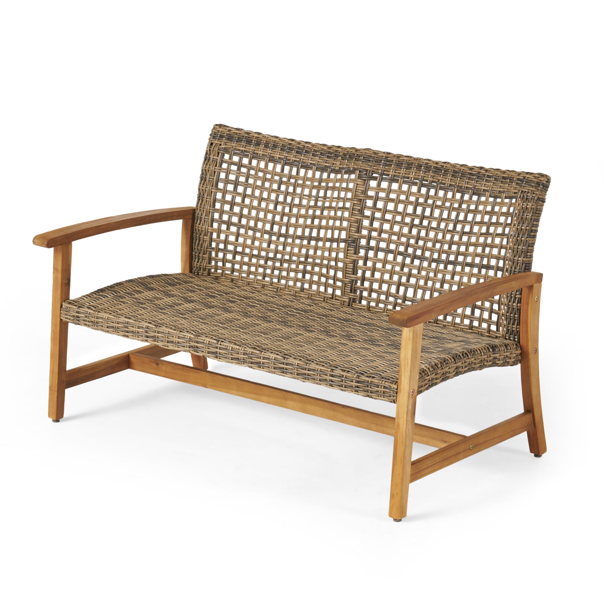 Woven wicker outdoor loveseat with natural wood frame and armrests