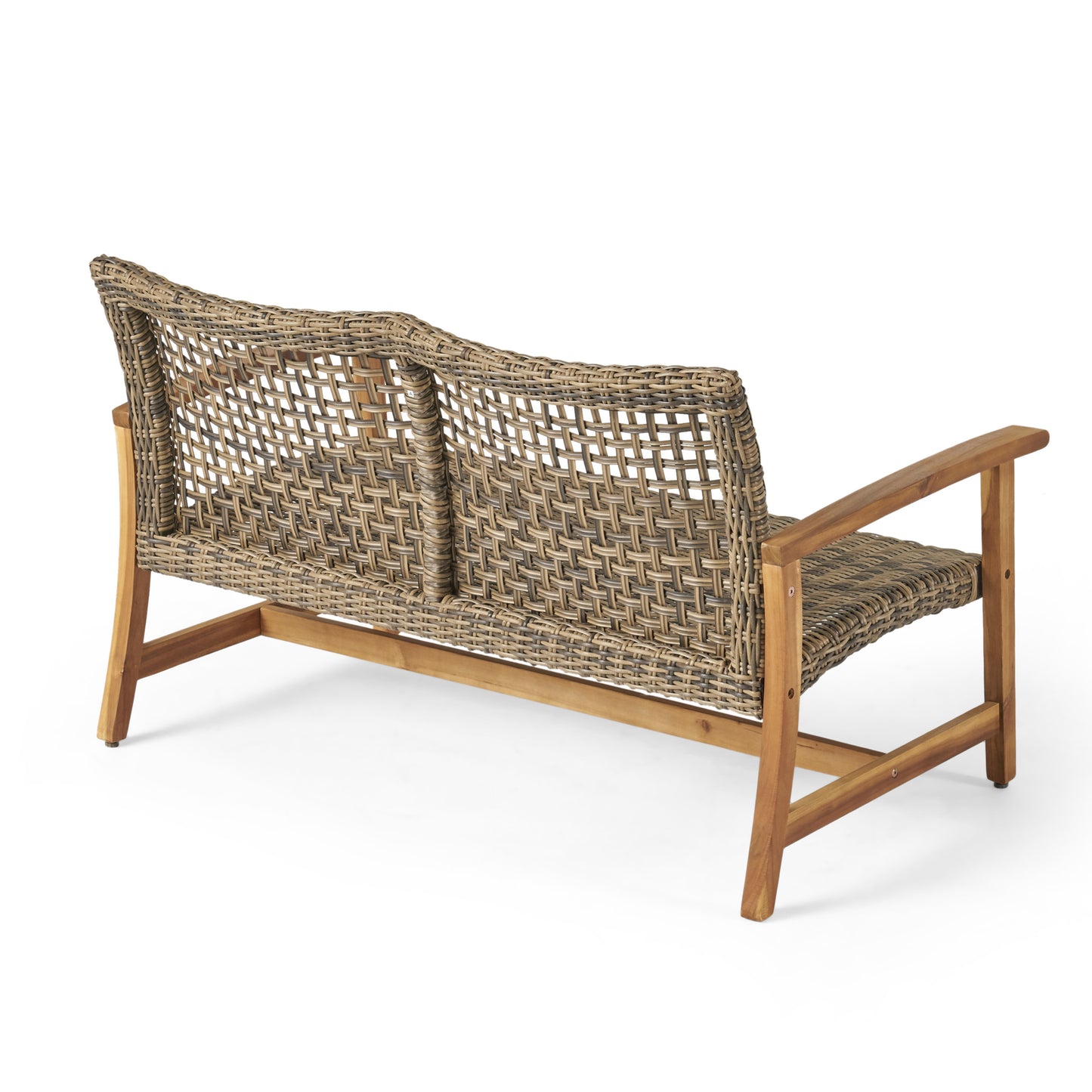 Brown wicker outdoor loveseat with natural wood frame perfect for patios