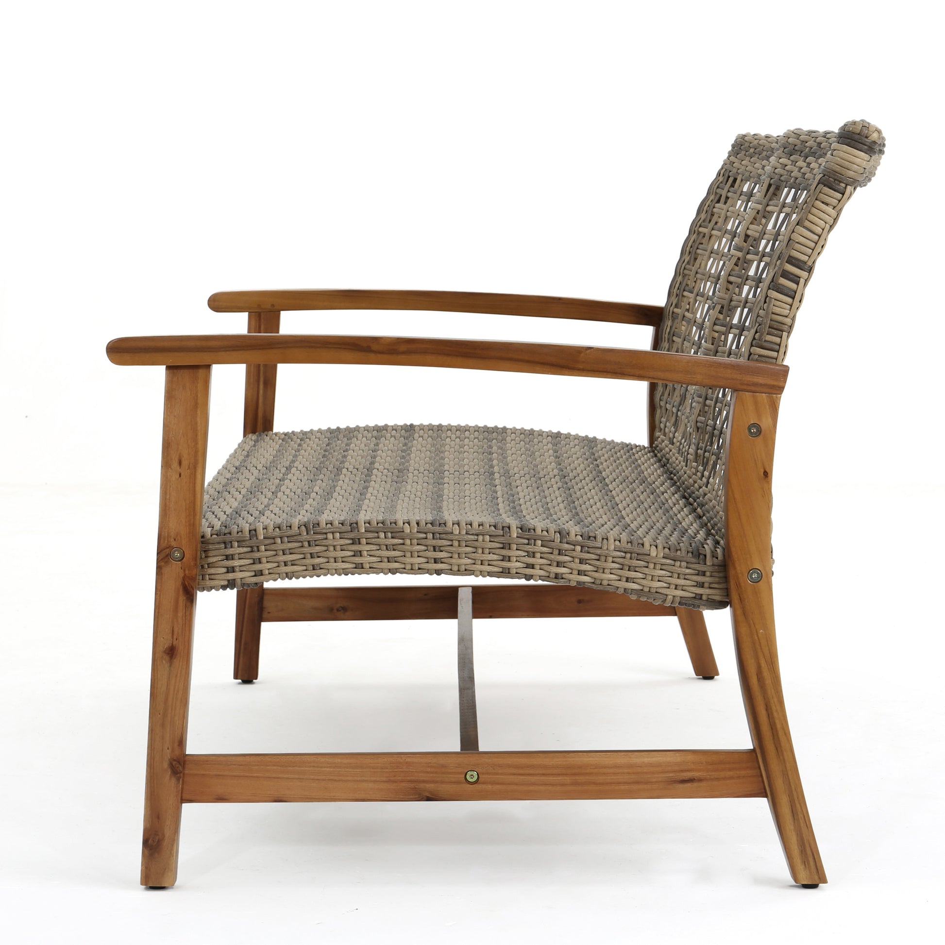 Gray woven wicker outdoor chair with natural wood frame arms