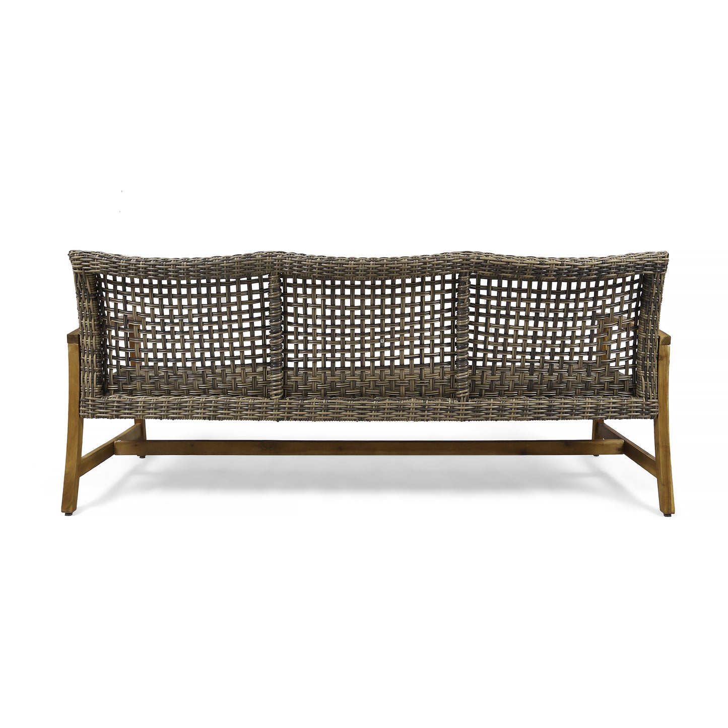 Woven grey resin wicker outdoor sofa with wooden legs back view