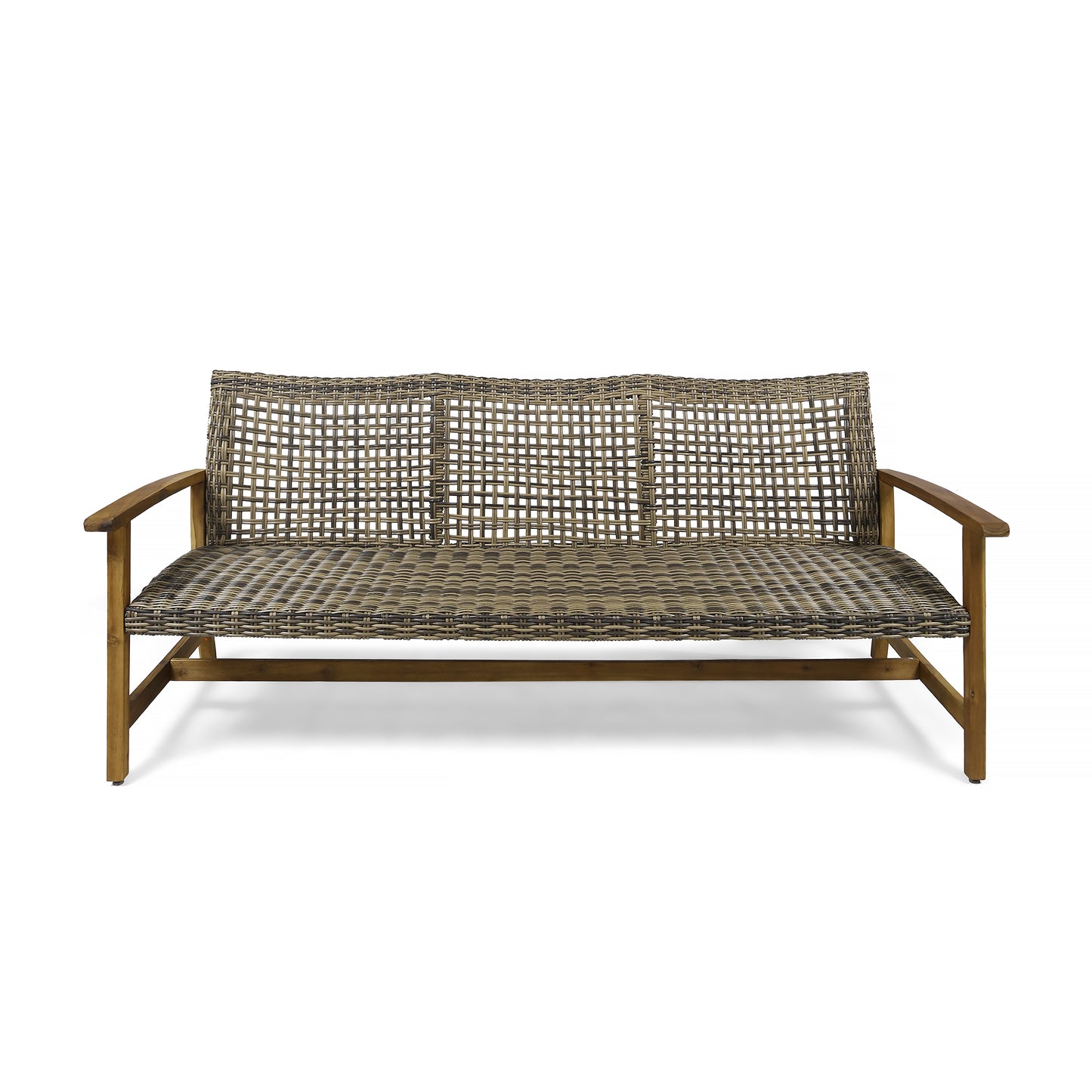 Wicker patio bench with wooden frame and brown weave for outdoor seating