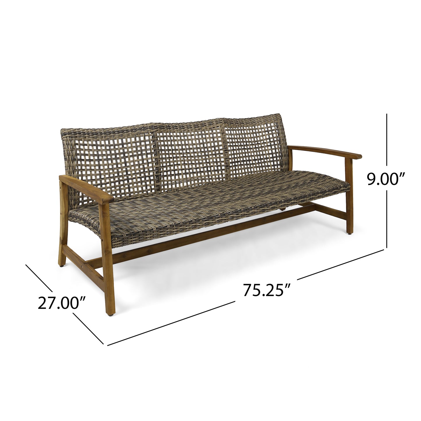 Woven resin wicker patio sofa with acacia wood frame brown and tan  long