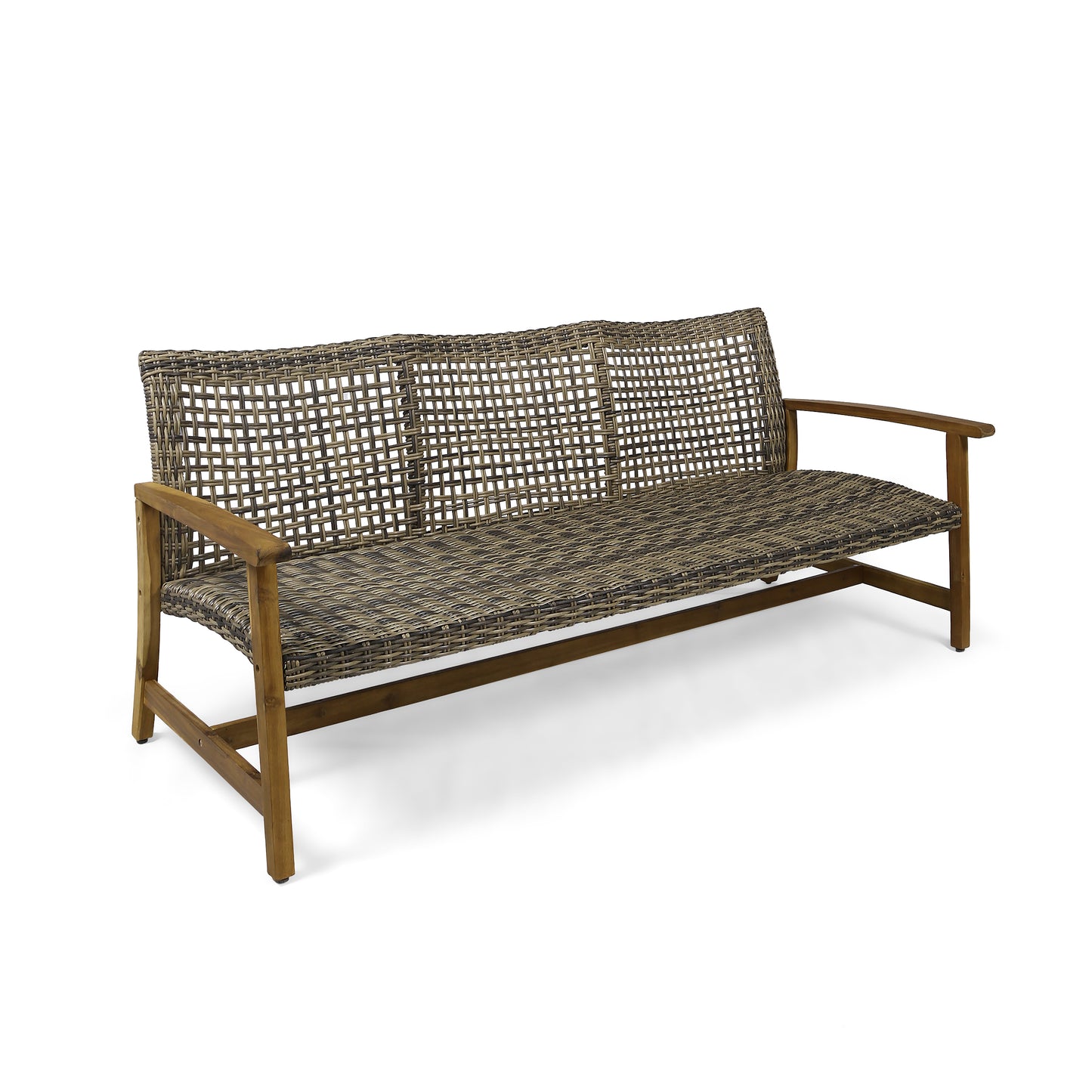 Brown wicker outdoor bench with natural wood frame and slatted seat