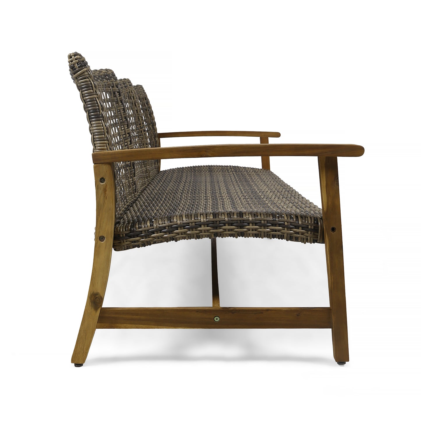 Brown rattan outdoor chair with wooden frame and armrests side view