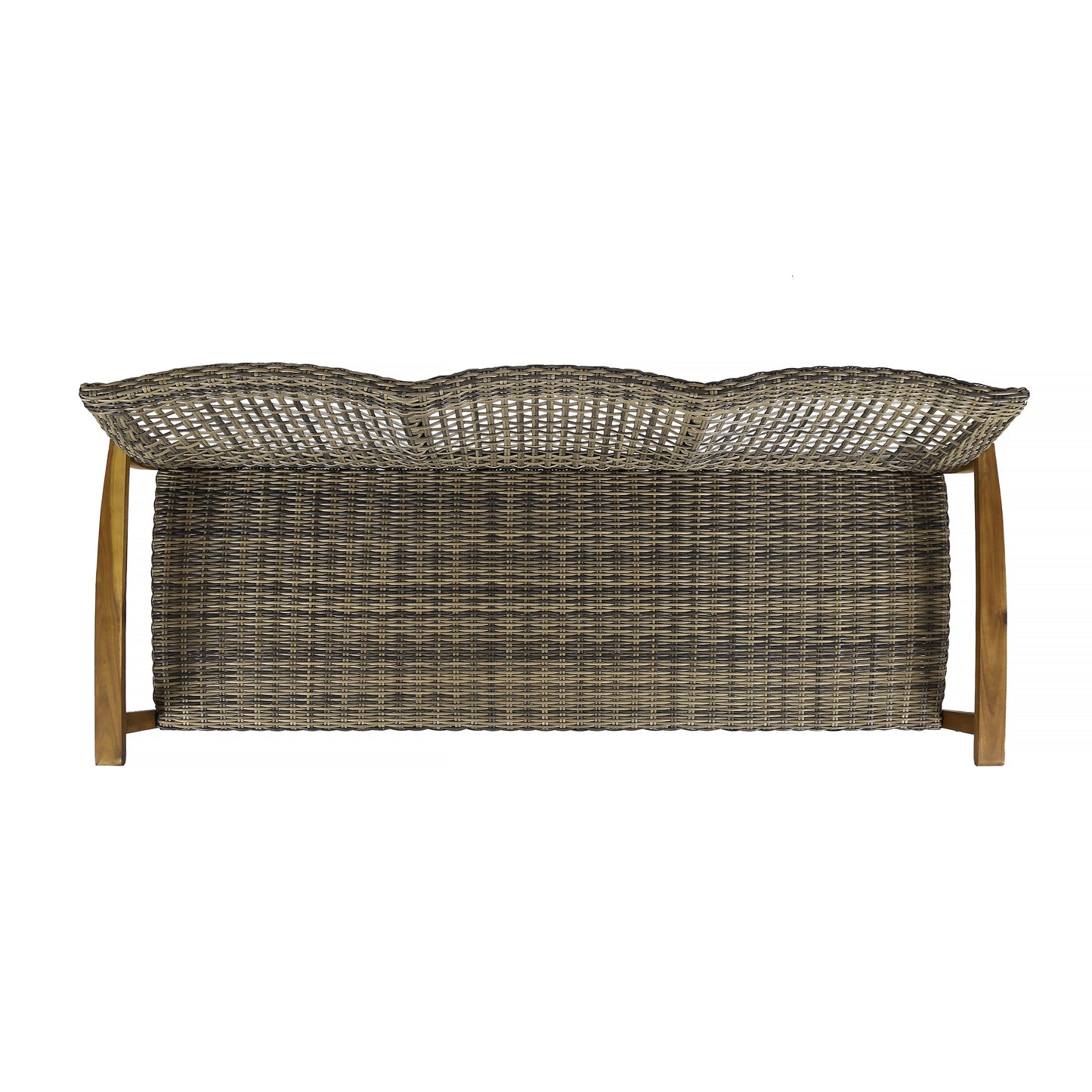 Woven rattan outdoor bench with curved back and wooden legs