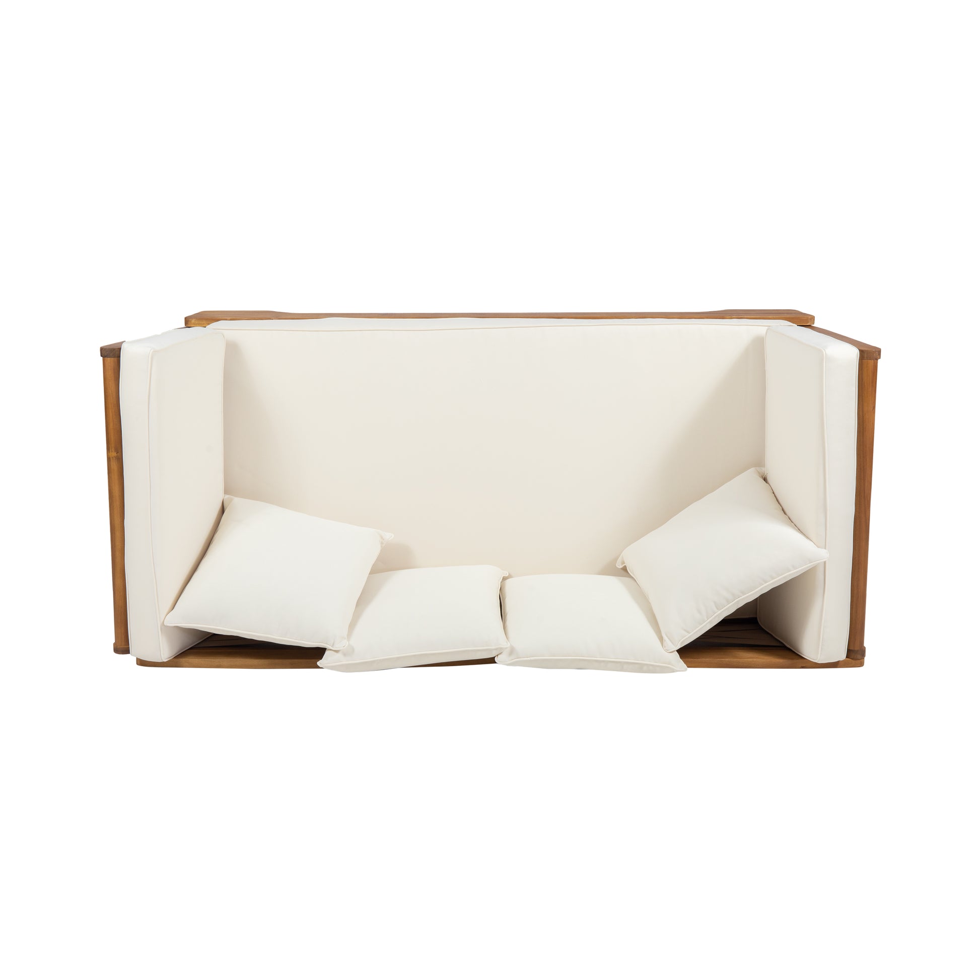 Modern outdoor acacia wood sofa with cream cushions and throw pillows