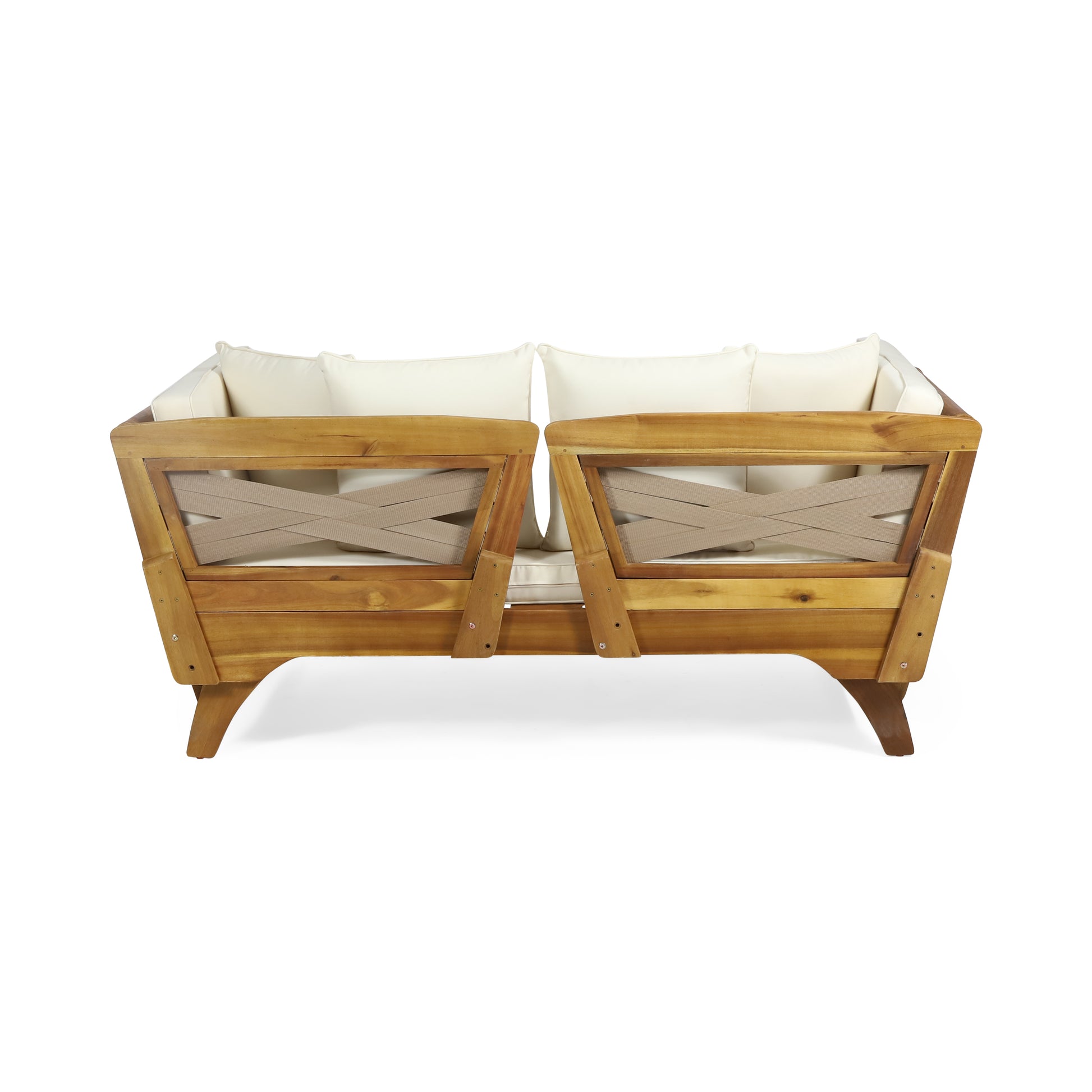 Wooden outdoor loveseat with cream cushions and crossstrap back detail