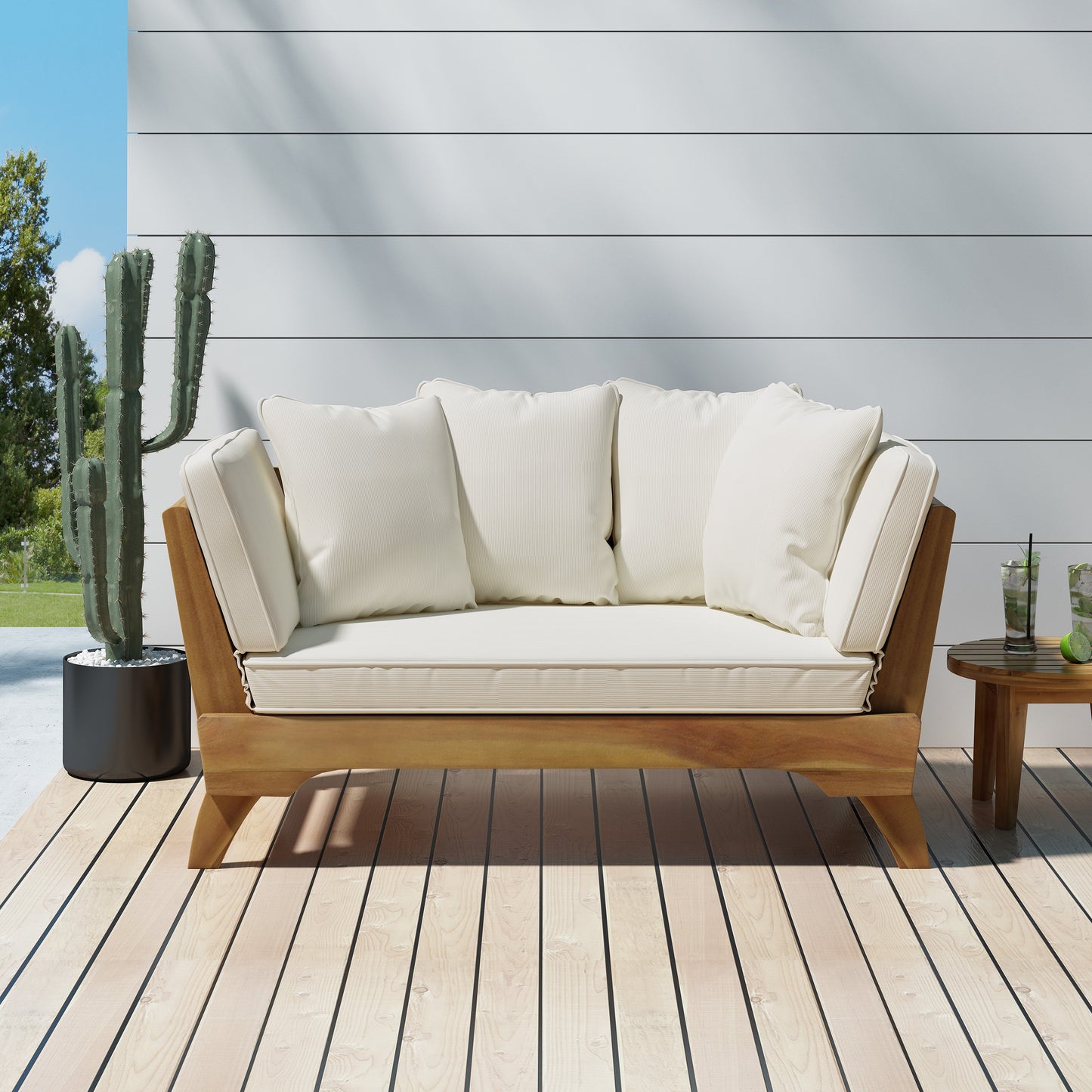 TREATLIFE HOME Serene Daybed with Water-Resistant Cushions and Expandable Design, Acacia Wood Frame, Teak Color