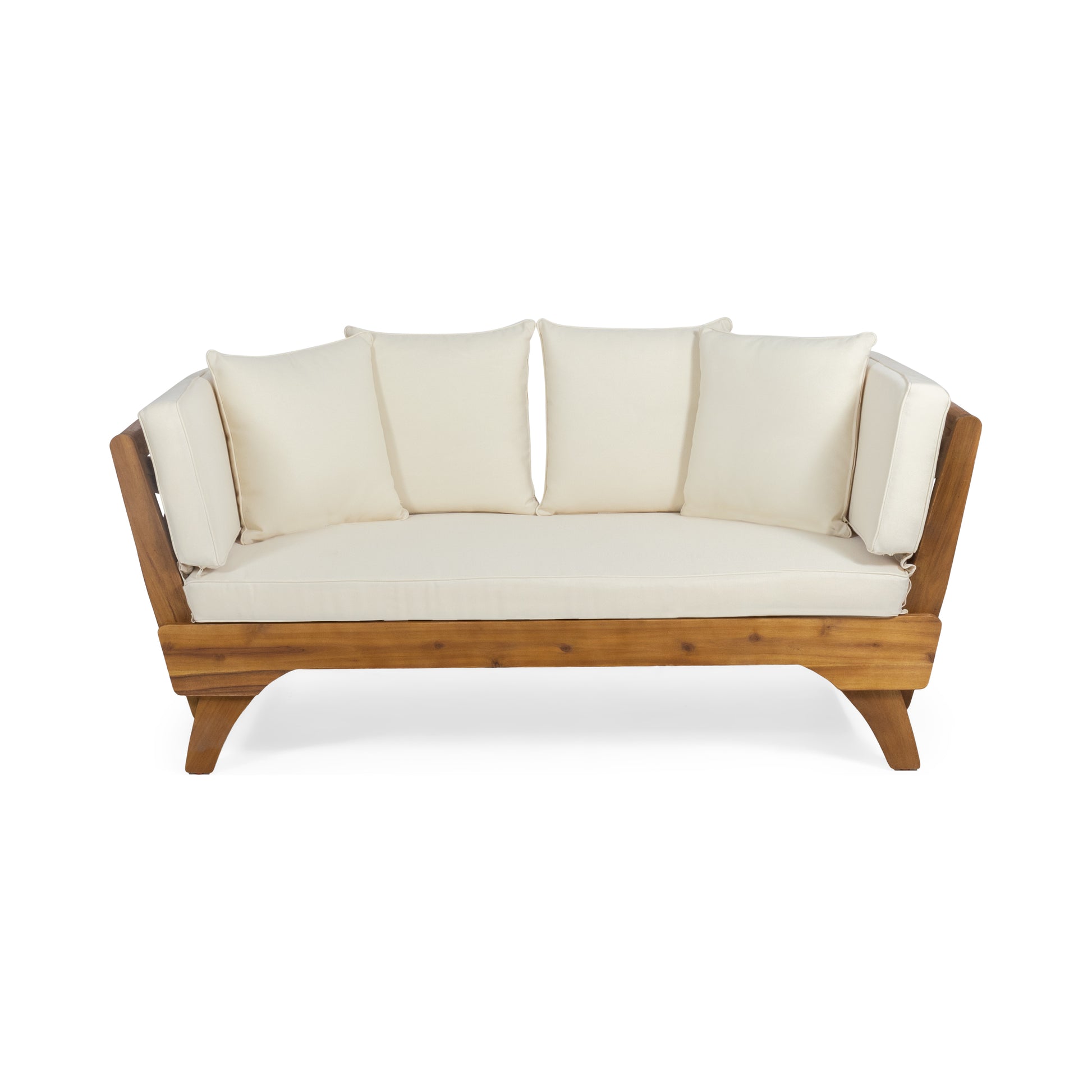 Wooden patio sofa with cream cushions and angled legs