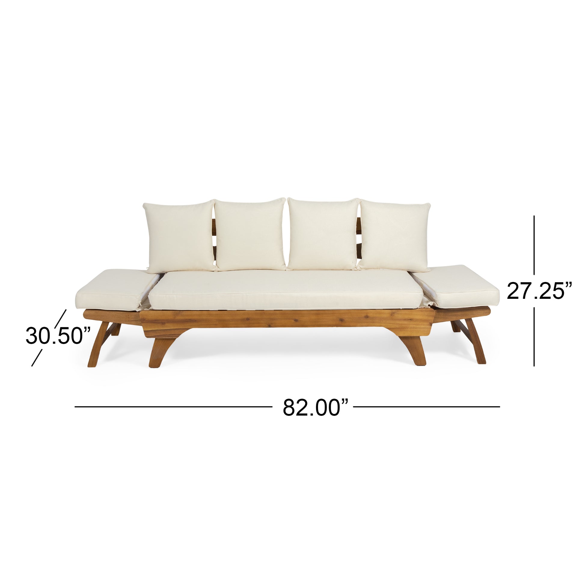 Acacia wood outdoor sofa with cream cushions measuring  long perfect for patios