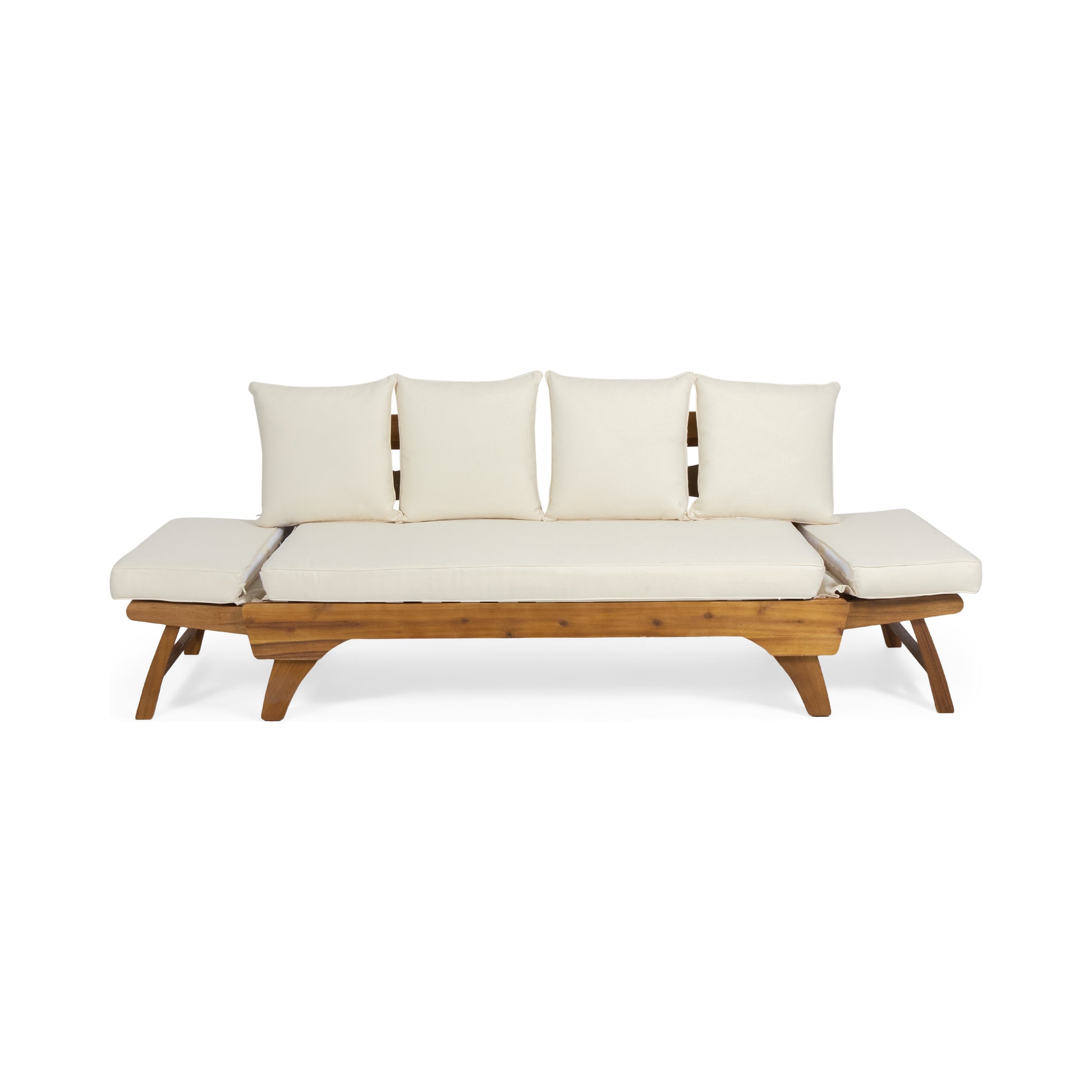 Modern wooden daybed with beige cushions and armrests ideal for outdoor relaxation