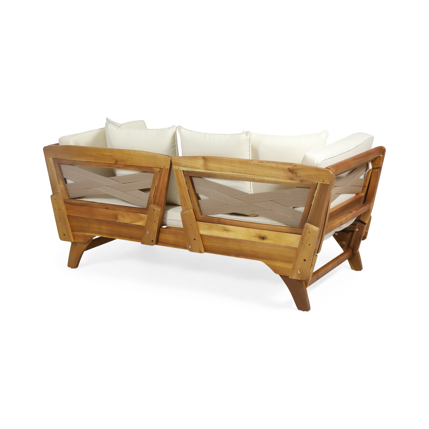 Natural wood outdoor sofa with beige cushions and crossstrap back detail