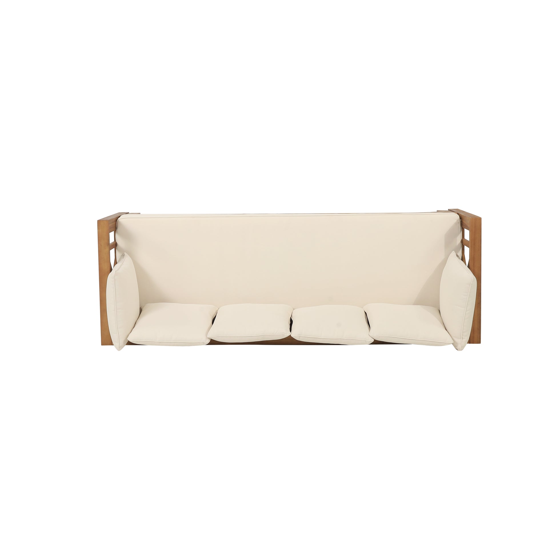 Wooden patio sofa with cream cushions and a sleek modern design