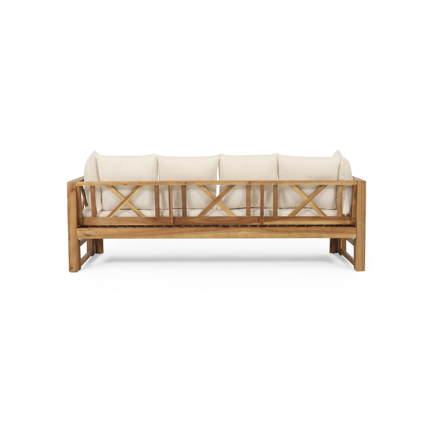 Teak wood outdoor sofa with beige cushions and Xdesign back