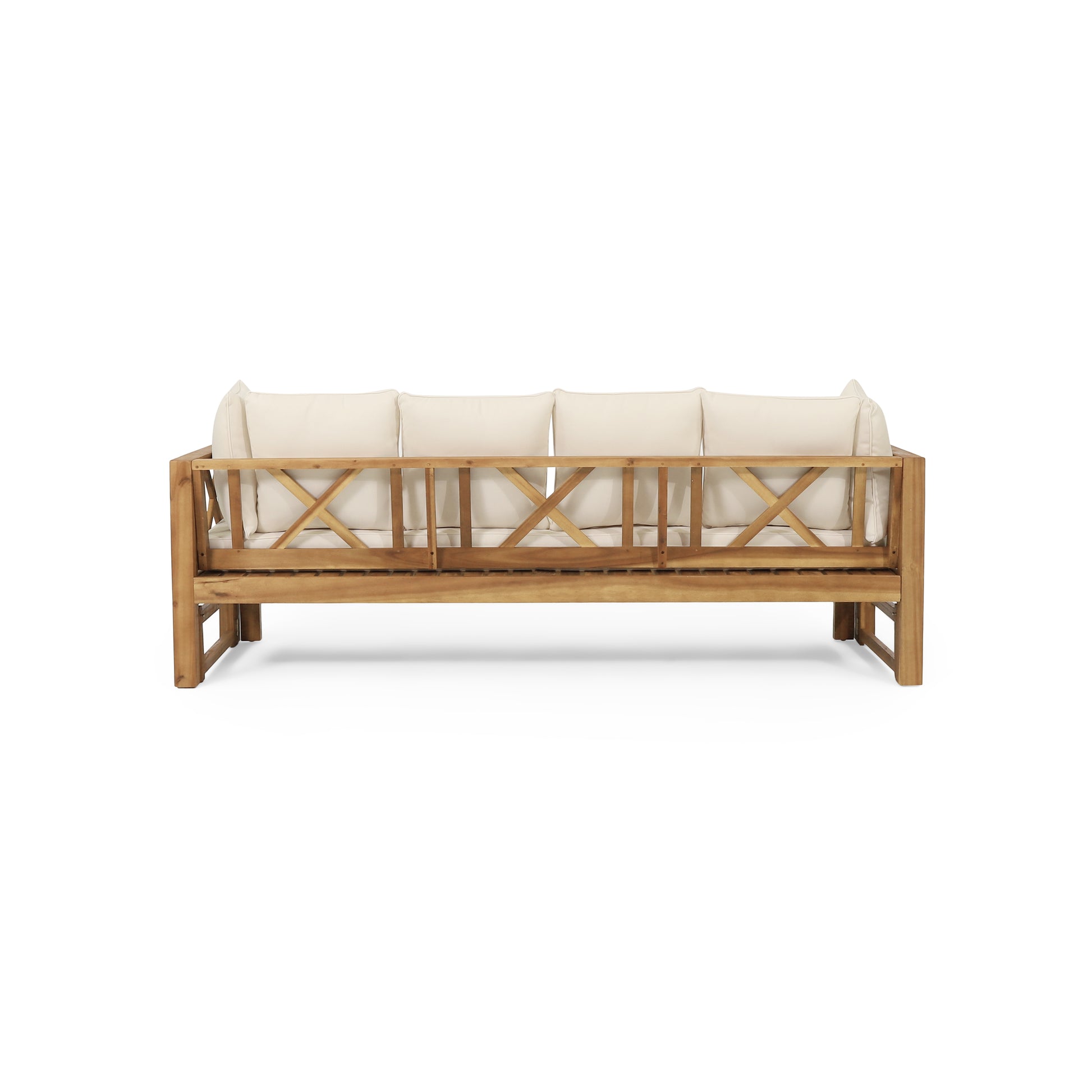 Teak wood outdoor sofa with beige cushions and Xdesign back