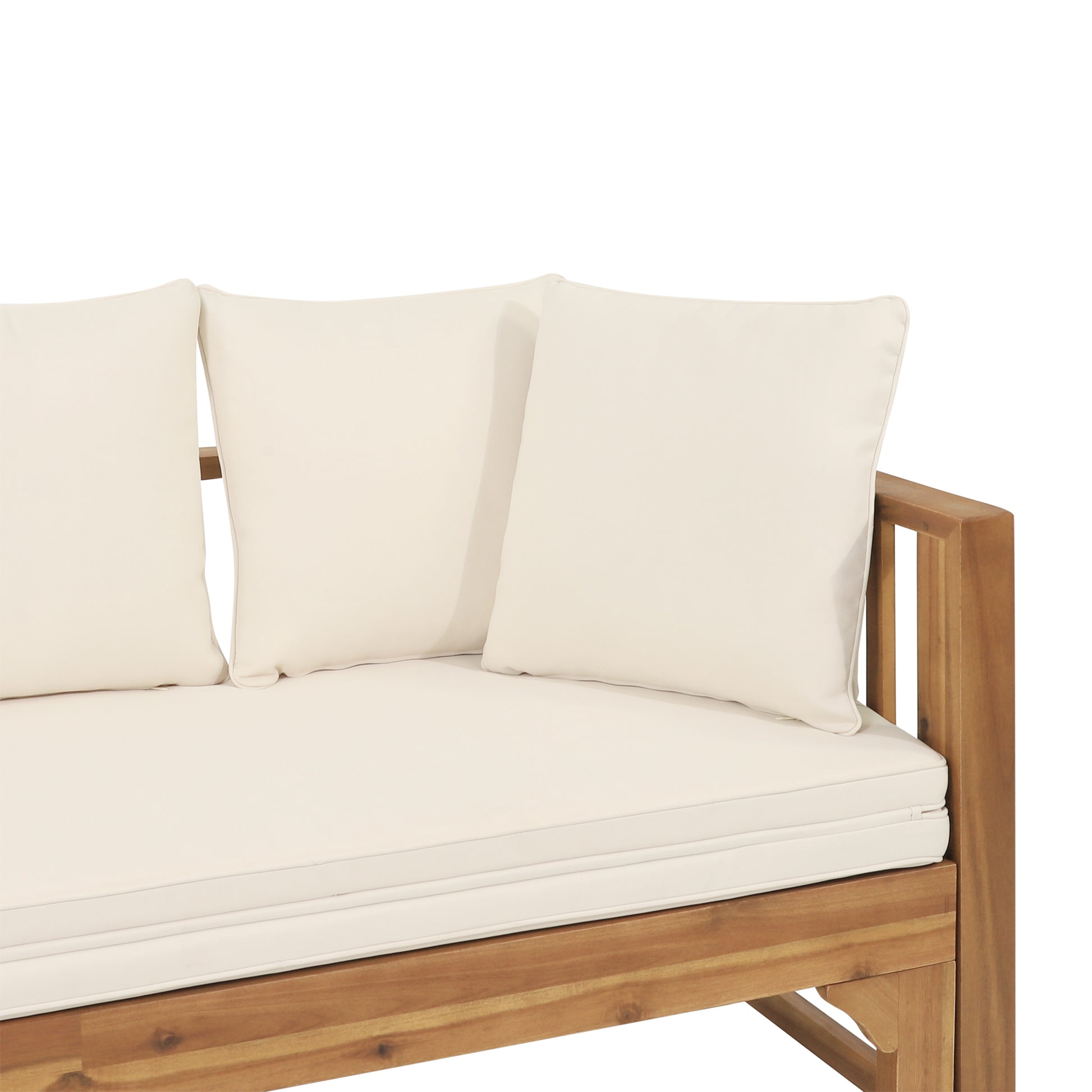 Cream outdoor sofa with plush cushions and natural wood frame