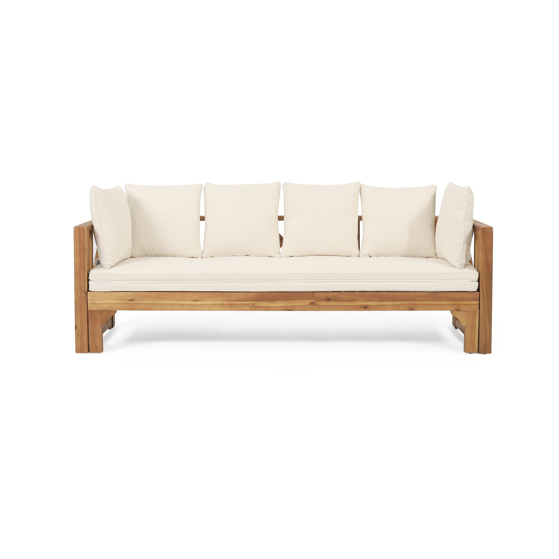 Acacia wood patio sofa with four plush cream cushions for outdoor seating