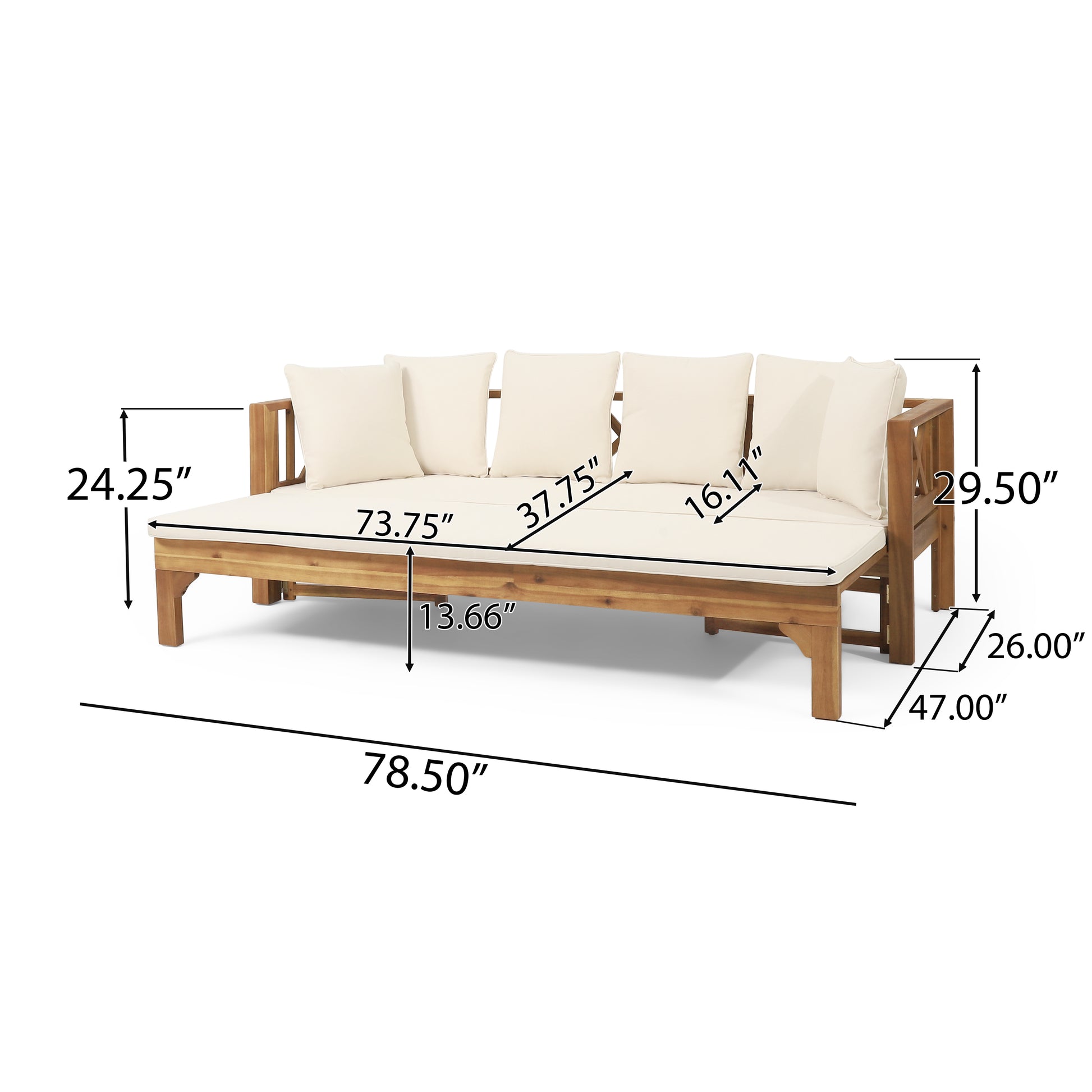 Natural wood outdoor sofa with cream cushions showing dimensions  L x  H