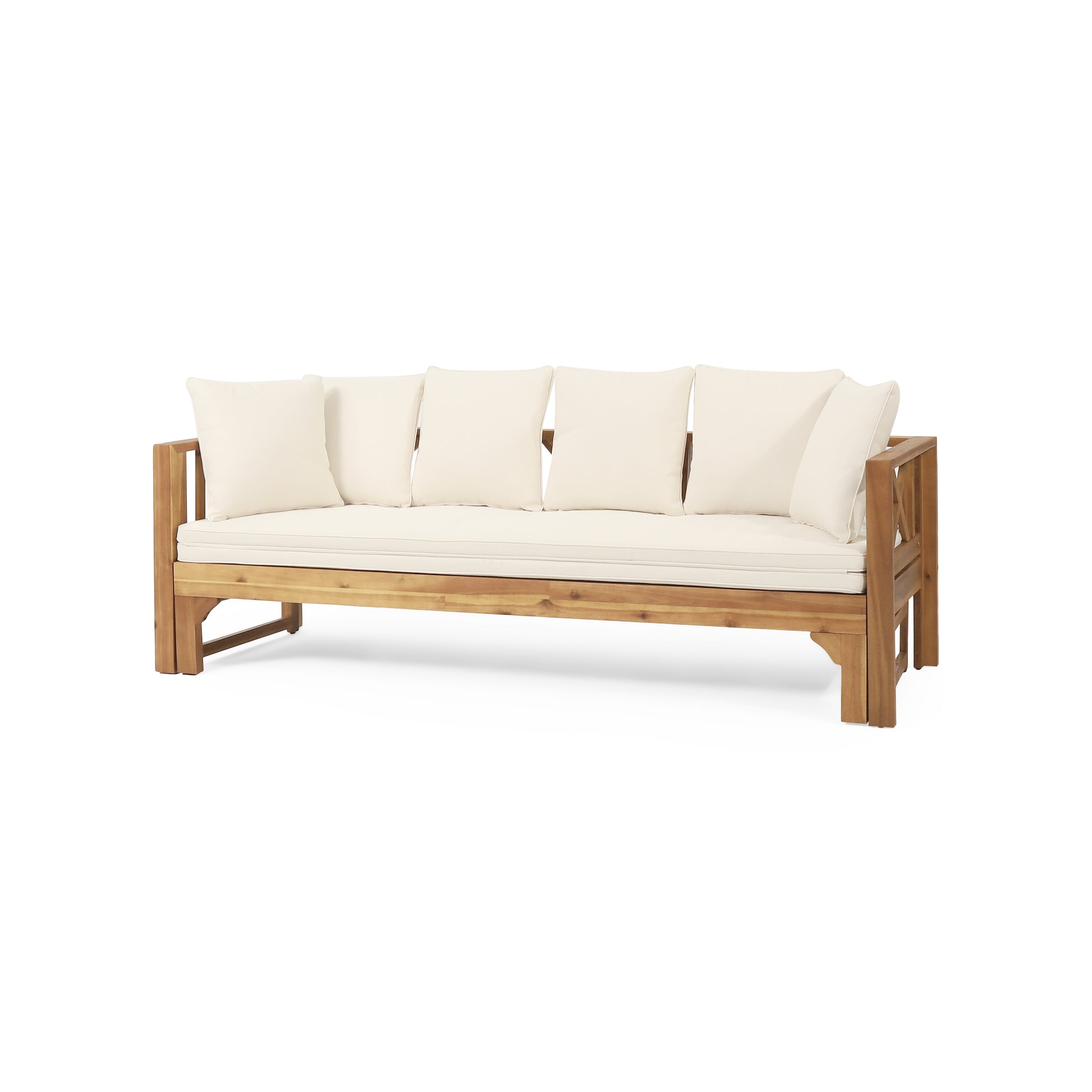 Acacia wood patio sofa with four plush cream cushions perfect for outdoor seating