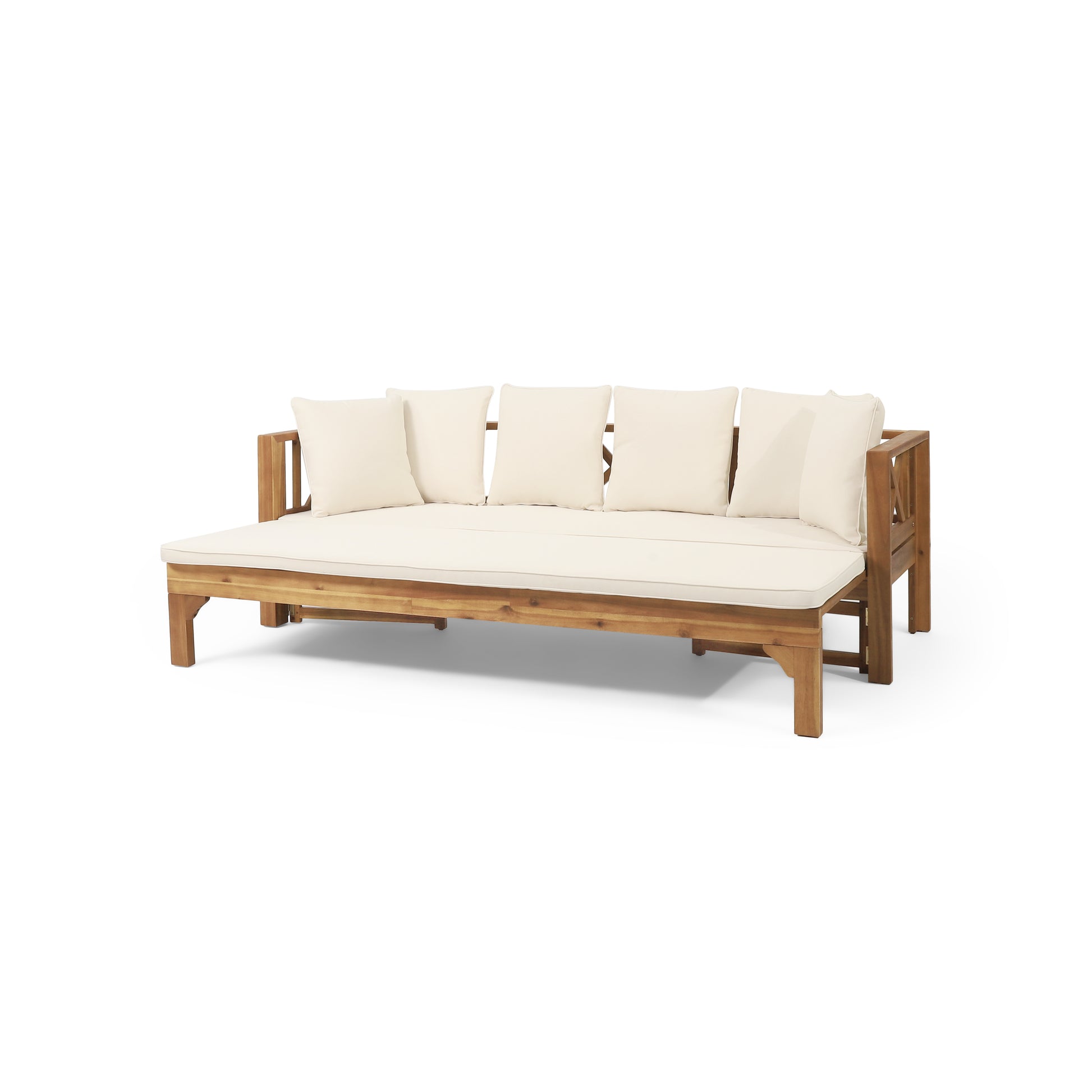 Wooden daybed with beige cushions ideal for patio seating