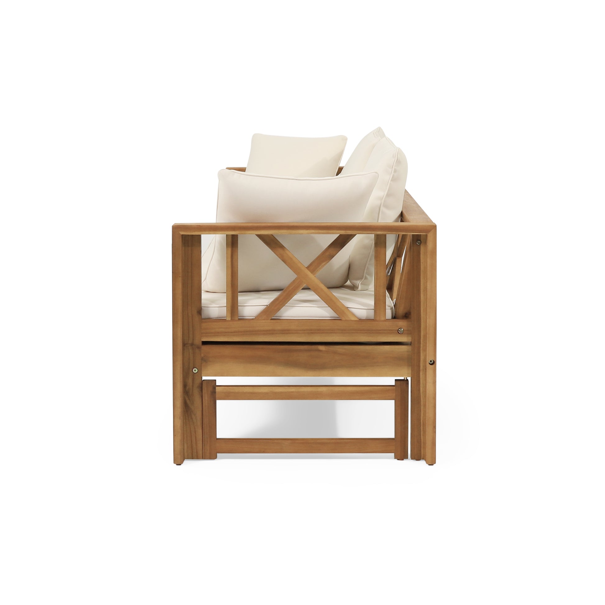 Acacia wood outdoor bench with beige cushions and Xback detailing