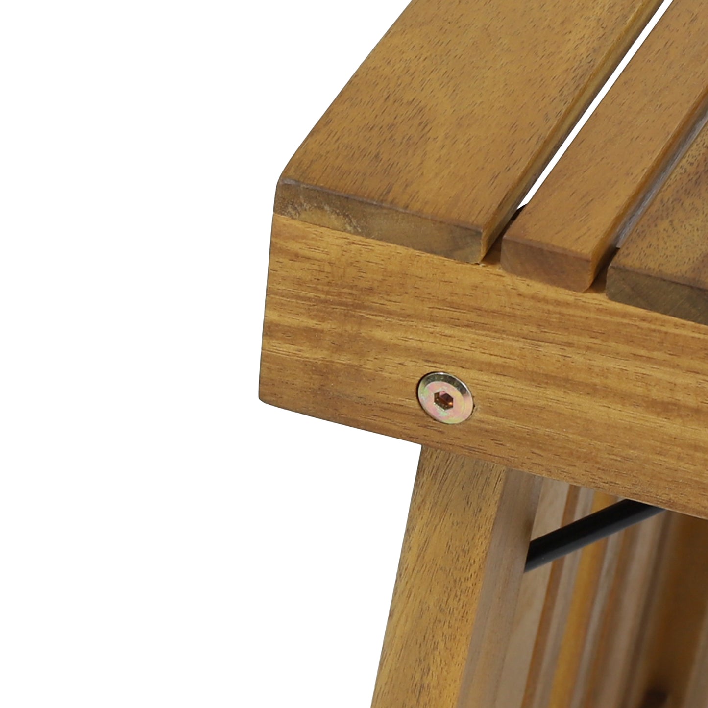 Closeup of a natural wood patio chair slat construction with visible screw detail