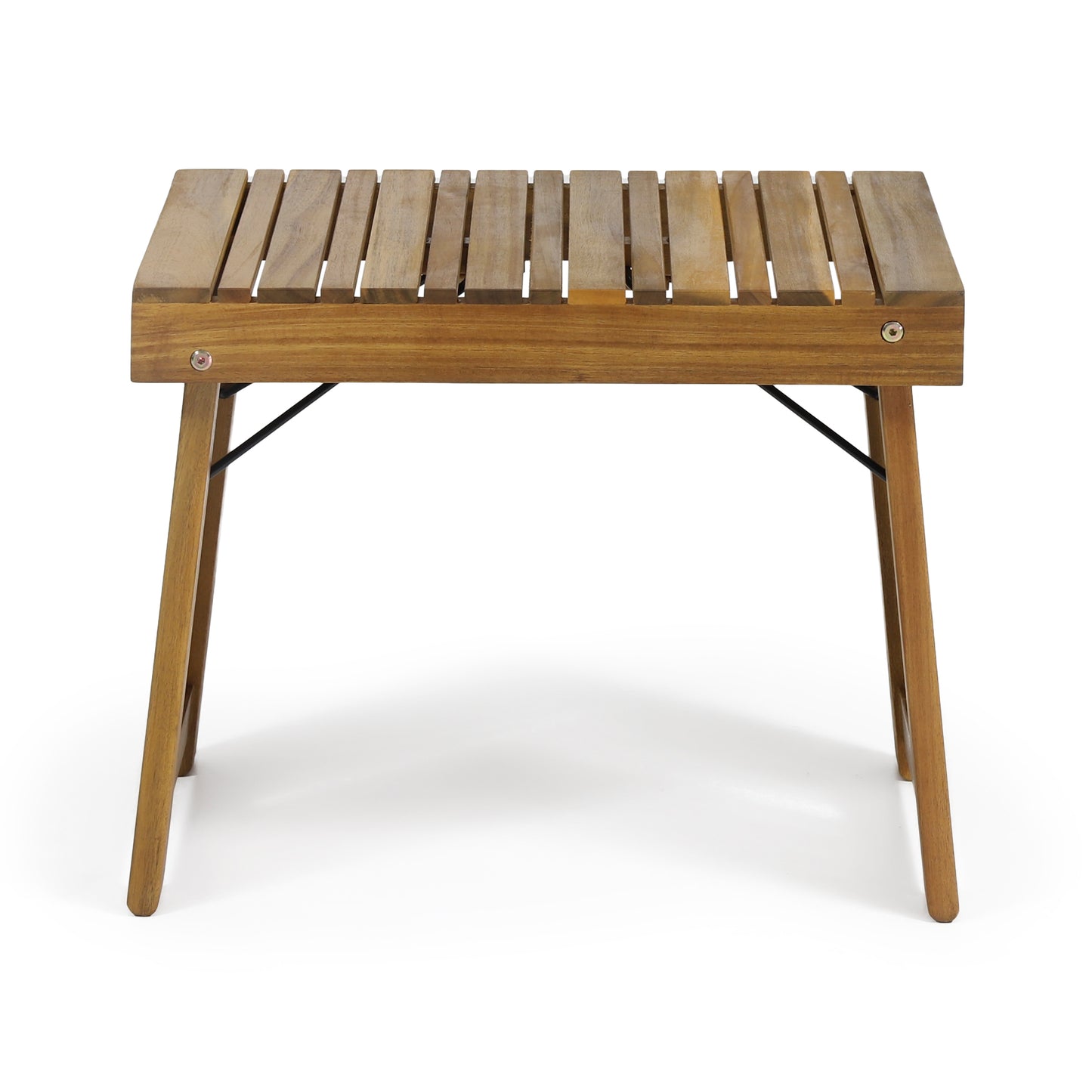 Wooden slatted coffee table with angled legs ideal for outdoor patios