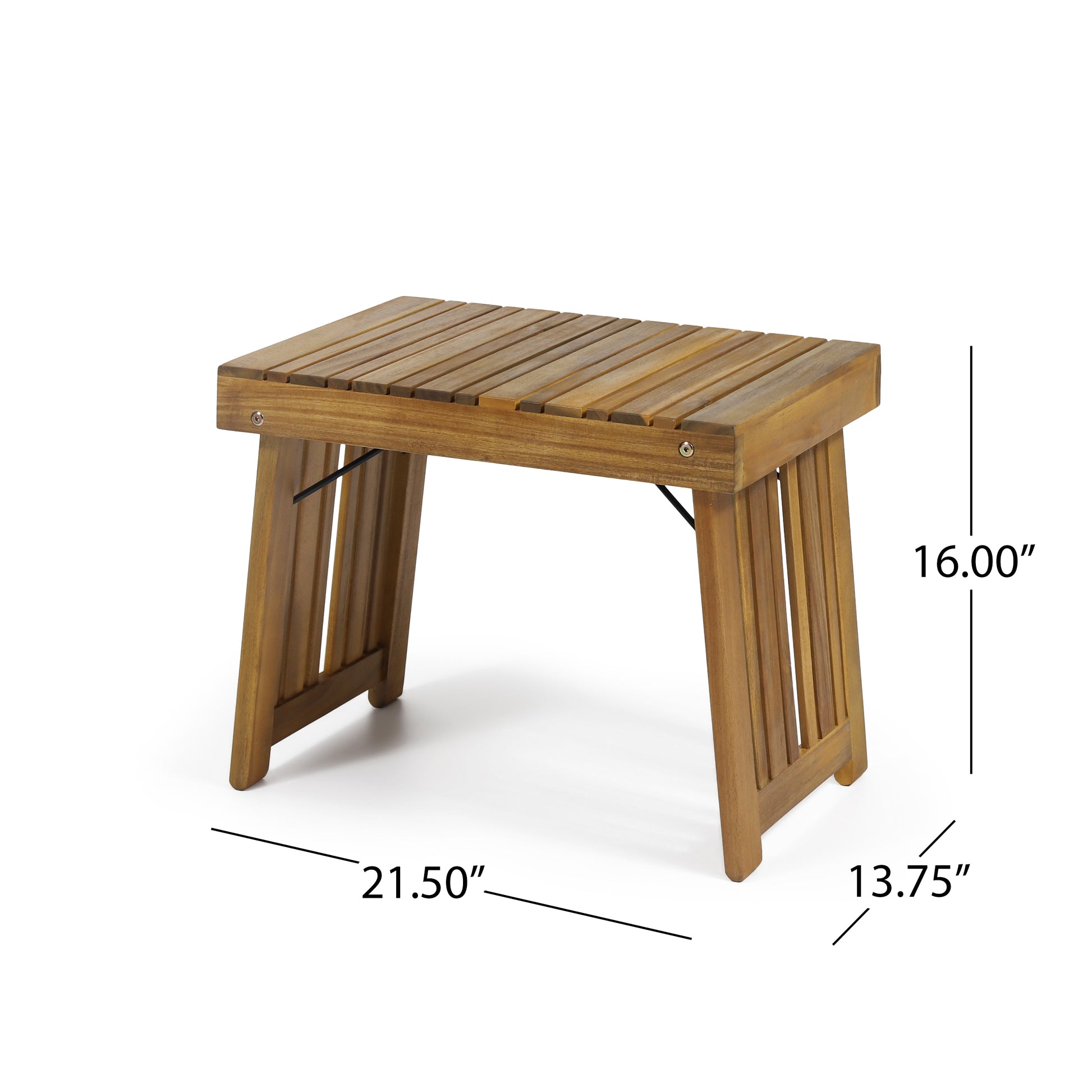 Wooden slat bench with angled legs ideal for garden seating