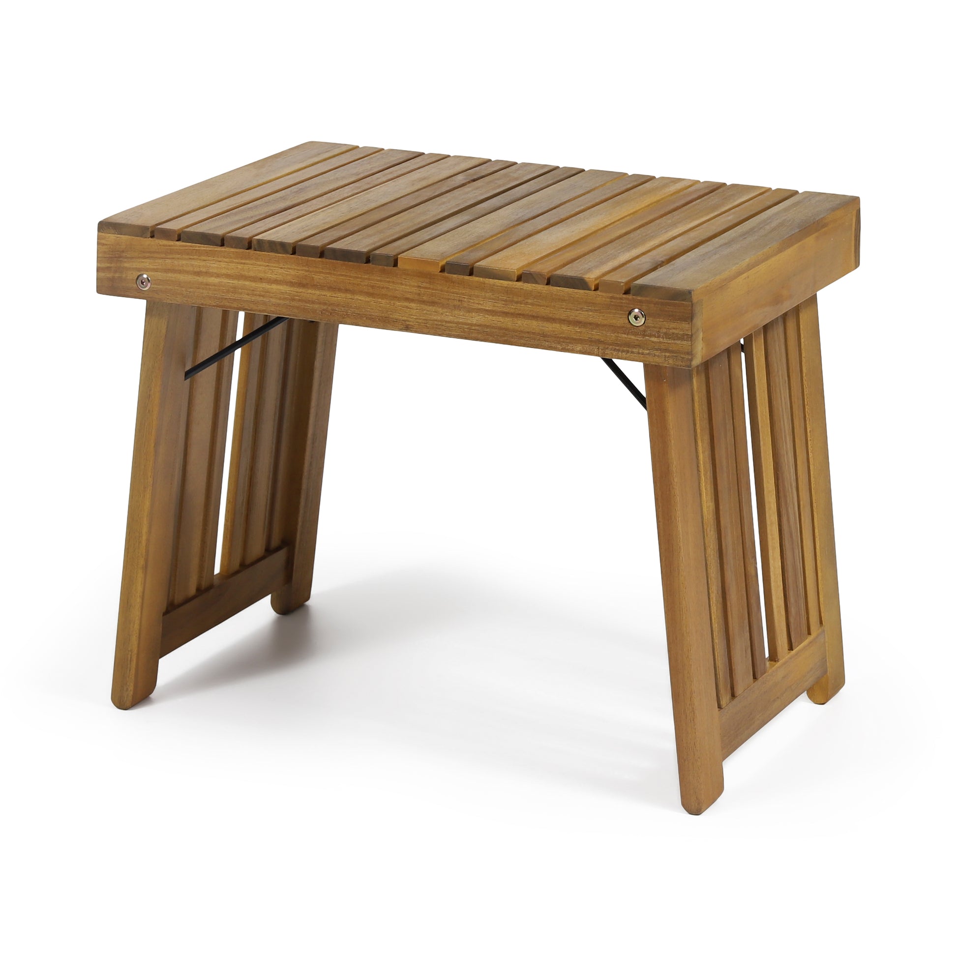 Natural wood slatted outdoor accent table with folding legs