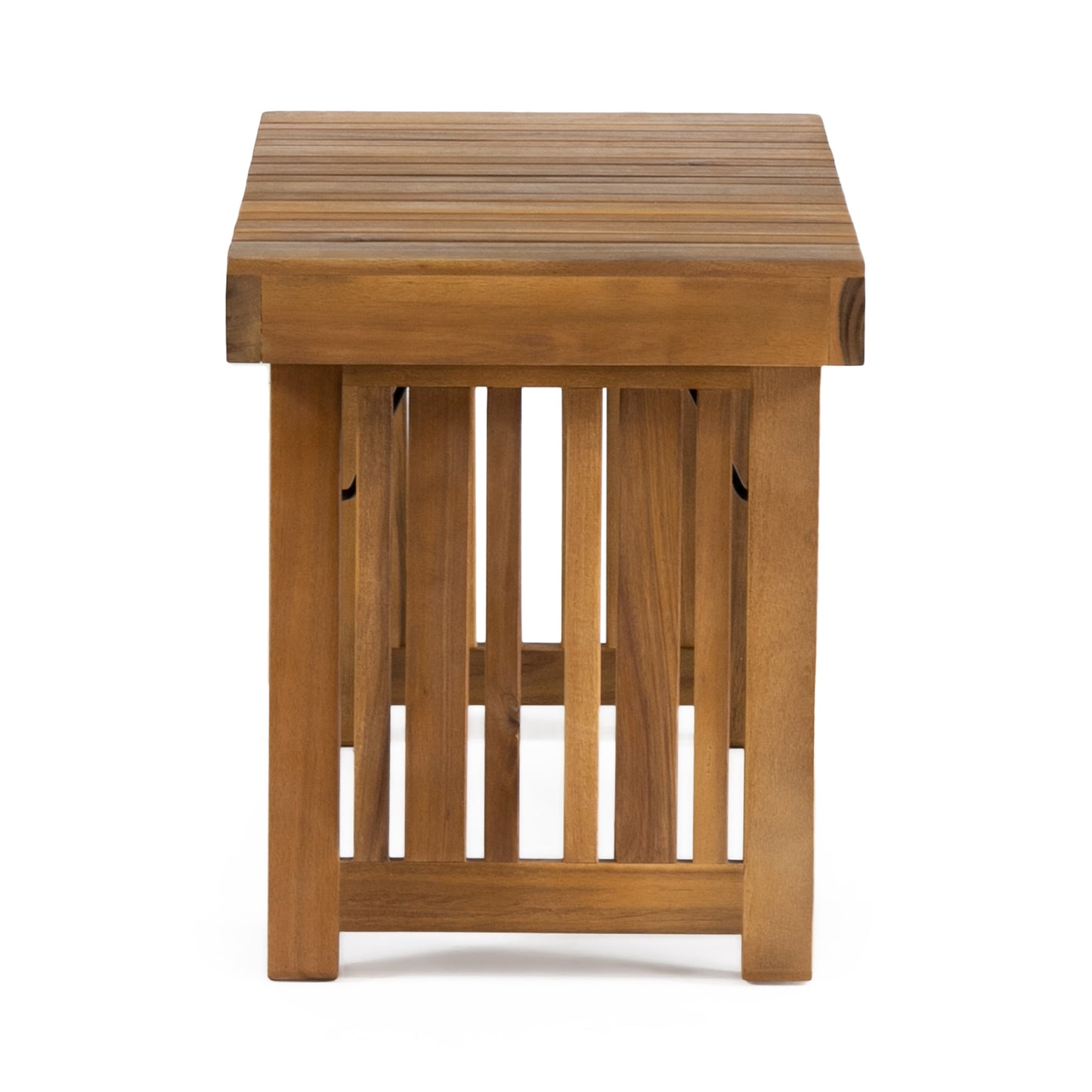 Solid acacia wood stool with slatted top and sides perfect for a rustic entryway