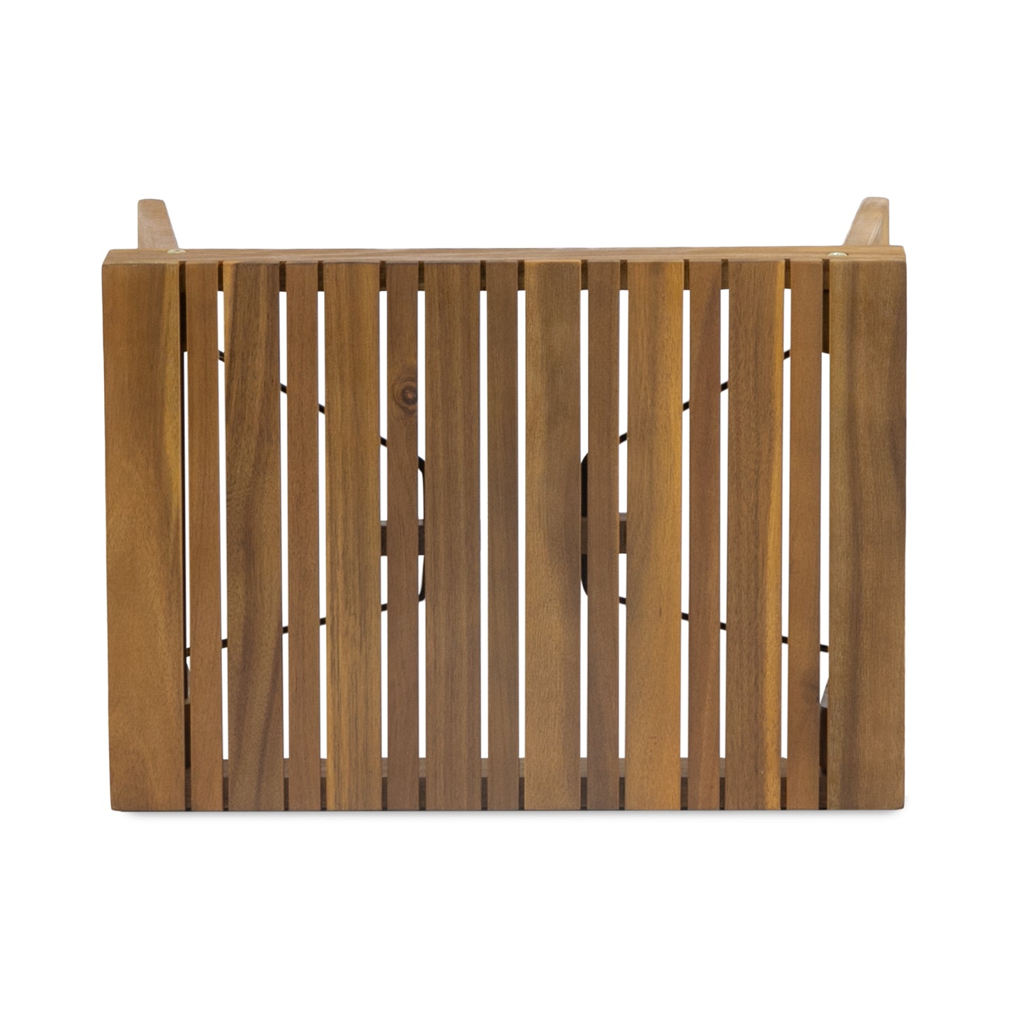Wooden slatted storage box with natural finish perfect for organizing outdoor items