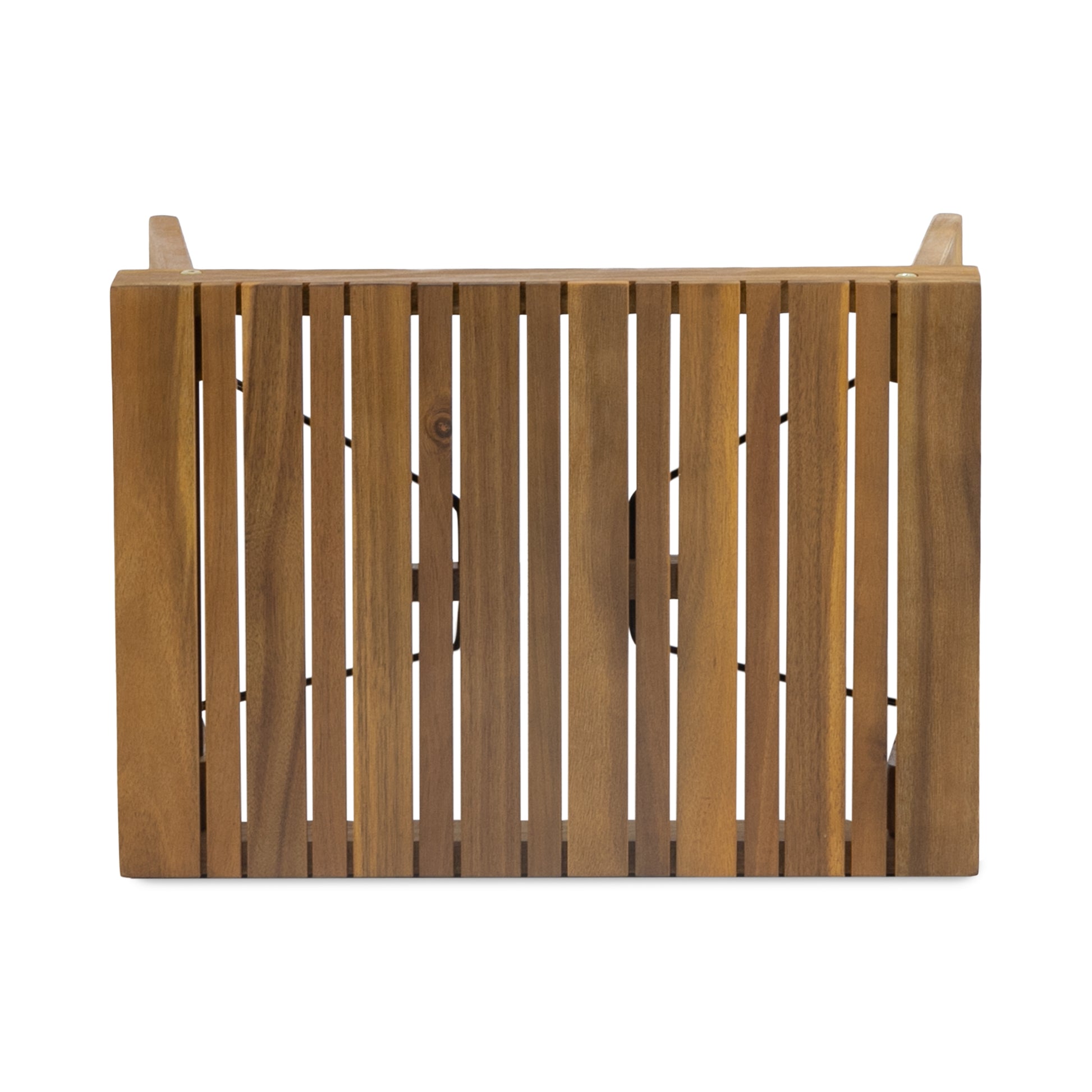 Wooden slatted storage box with natural finish perfect for organizing outdoor items