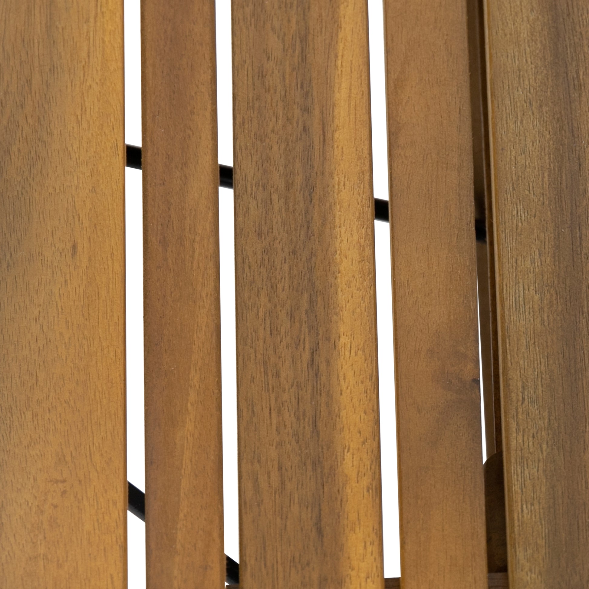 Close up of a rustic wooden slatted bench showing warm brown tones and grain details