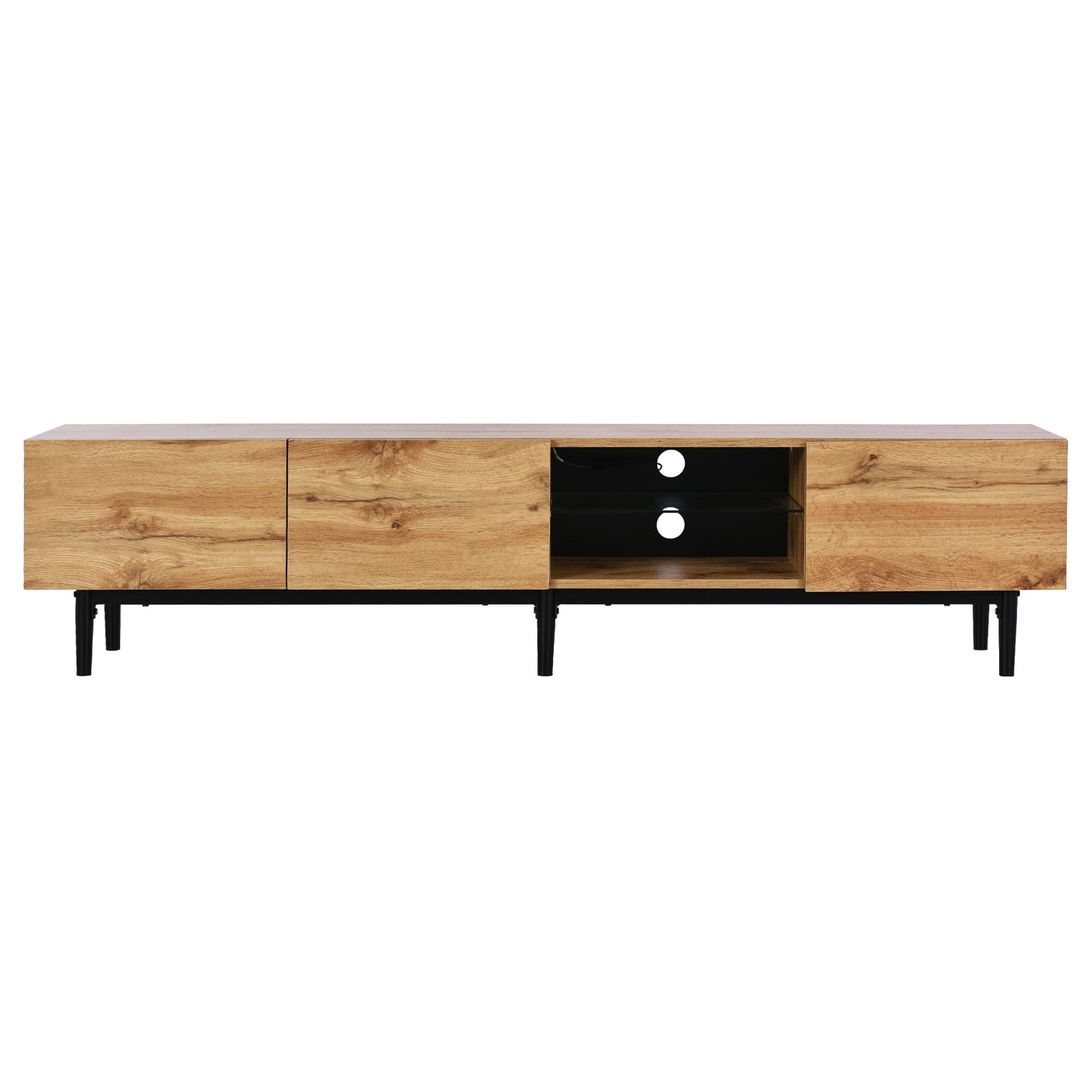 Modern wooden TV stand with black metal legs and open shelving