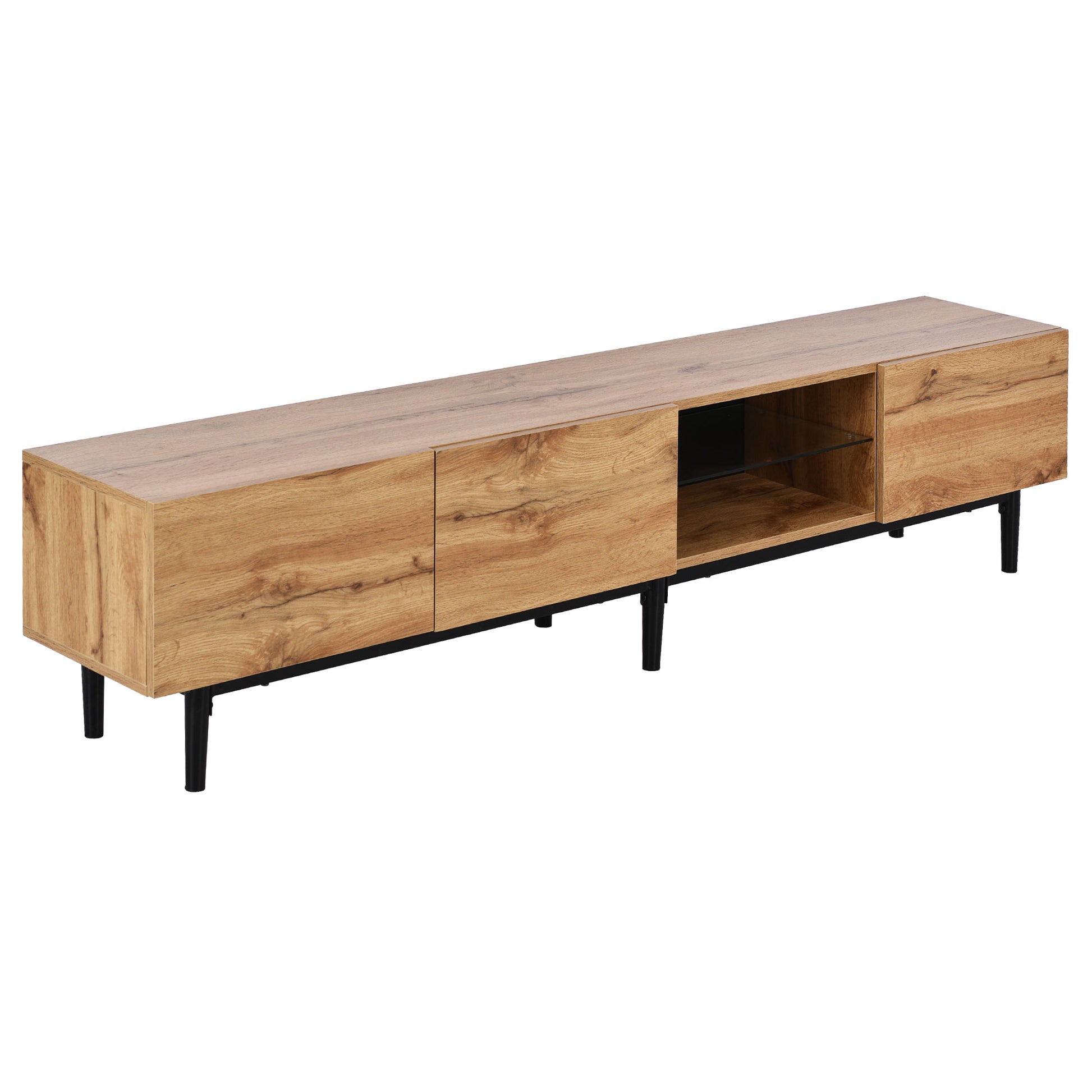 Modern oak effect media console with black legs and glass shelf