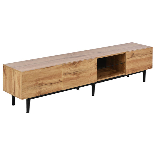 Modern oak effect media console with black legs and glass shelf
