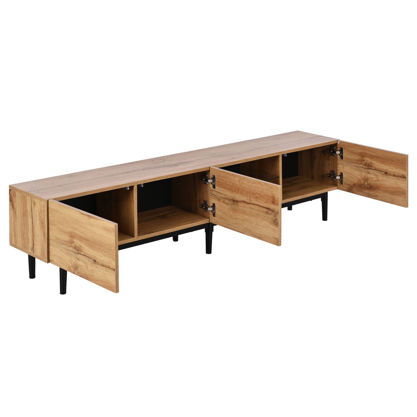 Modern light oak media console with open storage compartments and black legs