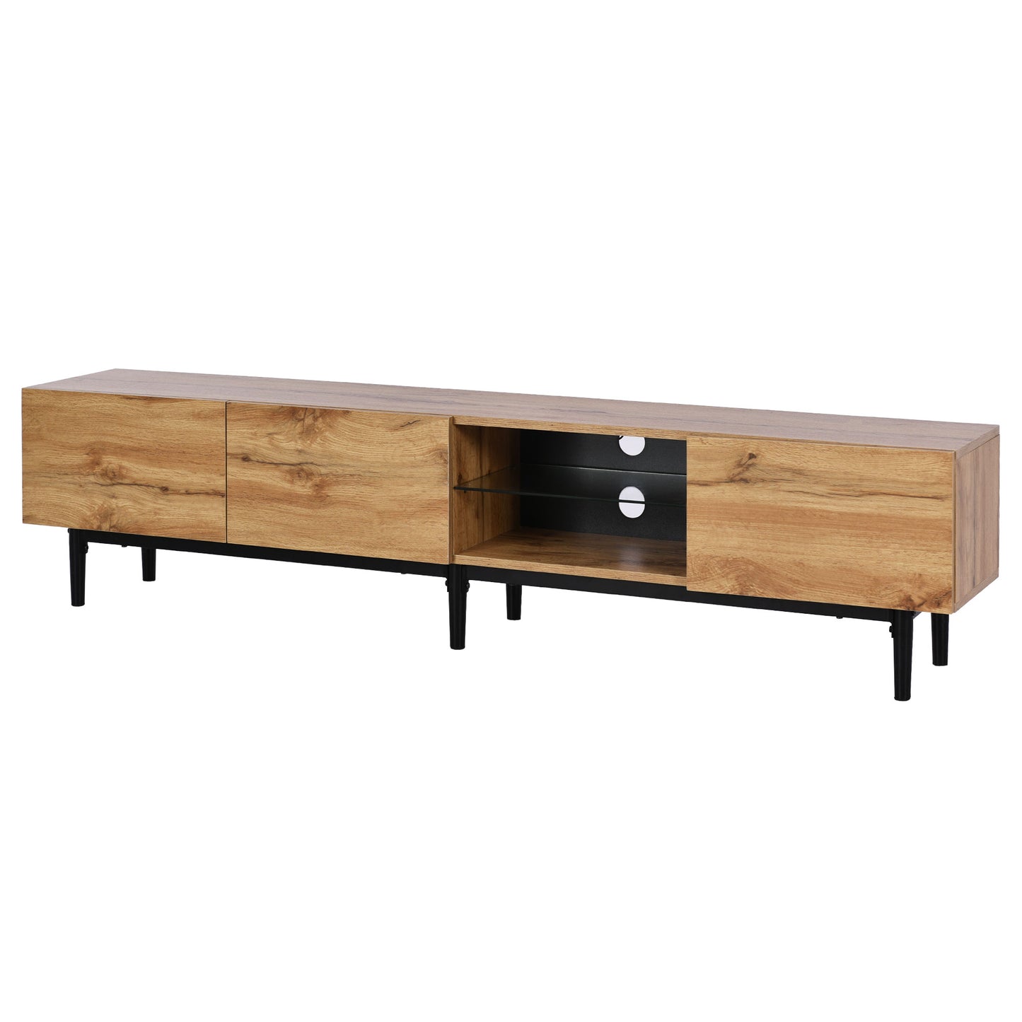 Oak finish media console with black metal legs and glass shelf cm wide